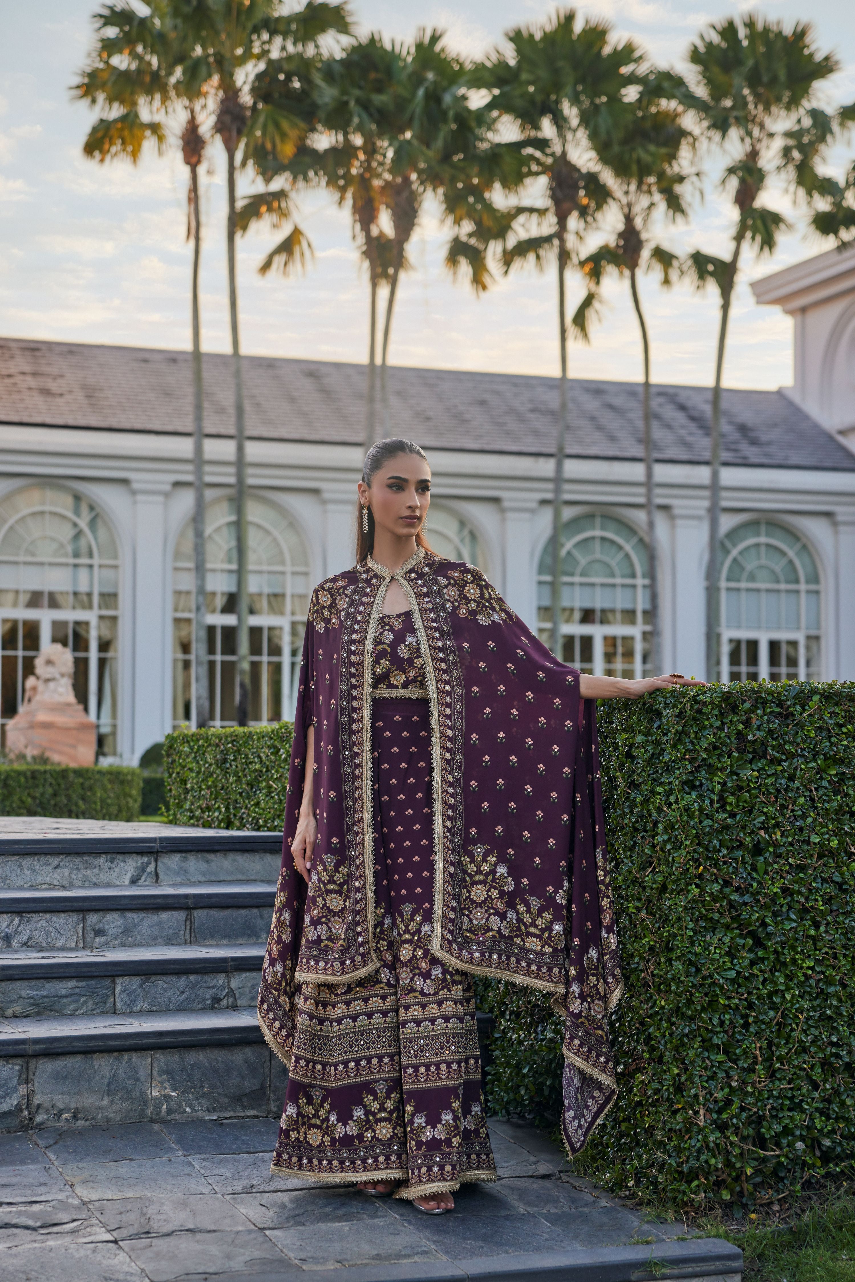 Plum Royale Embellished Muslin Silk Cape Set