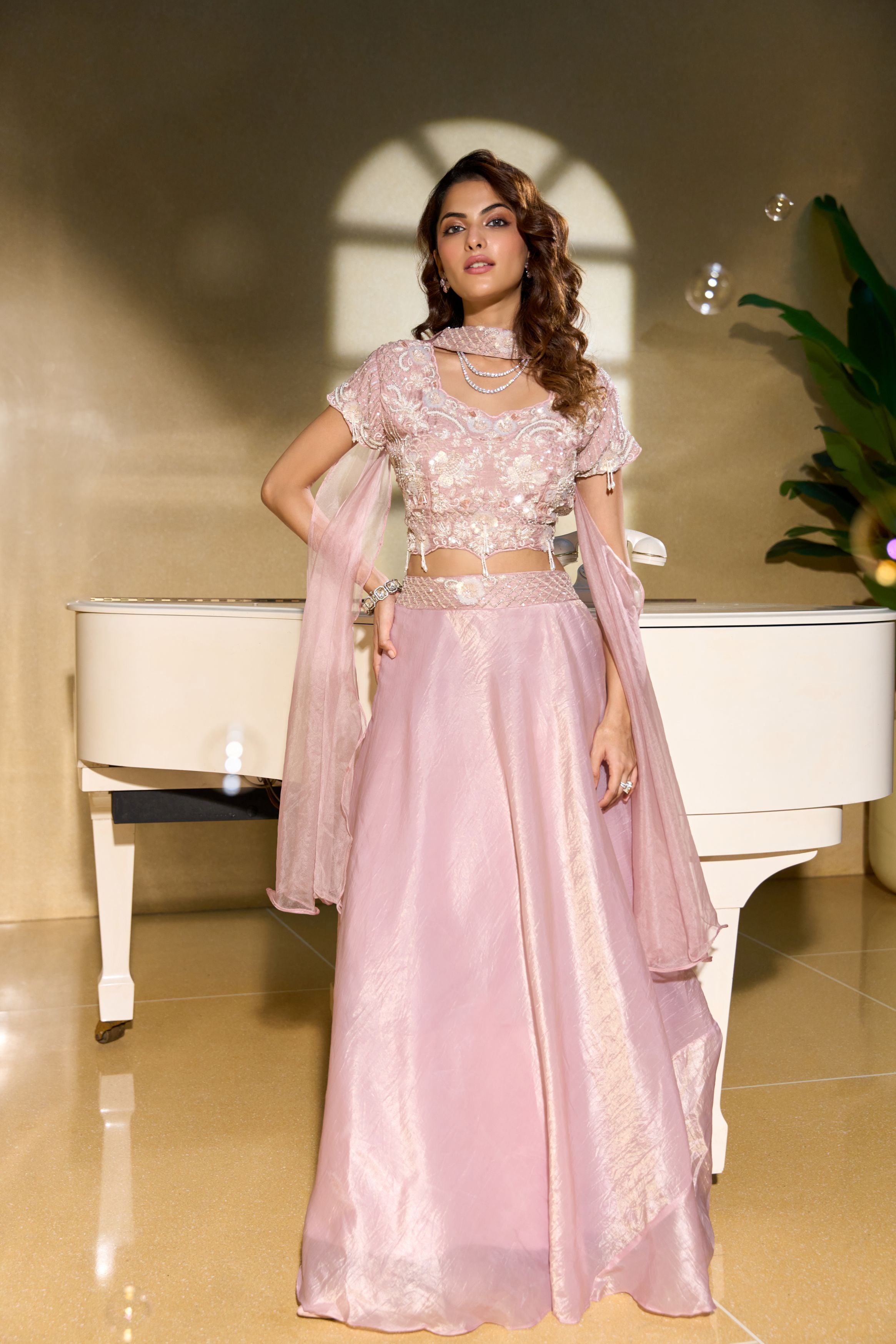 Light Pink Embellished Shimmer Silk Skirt Set