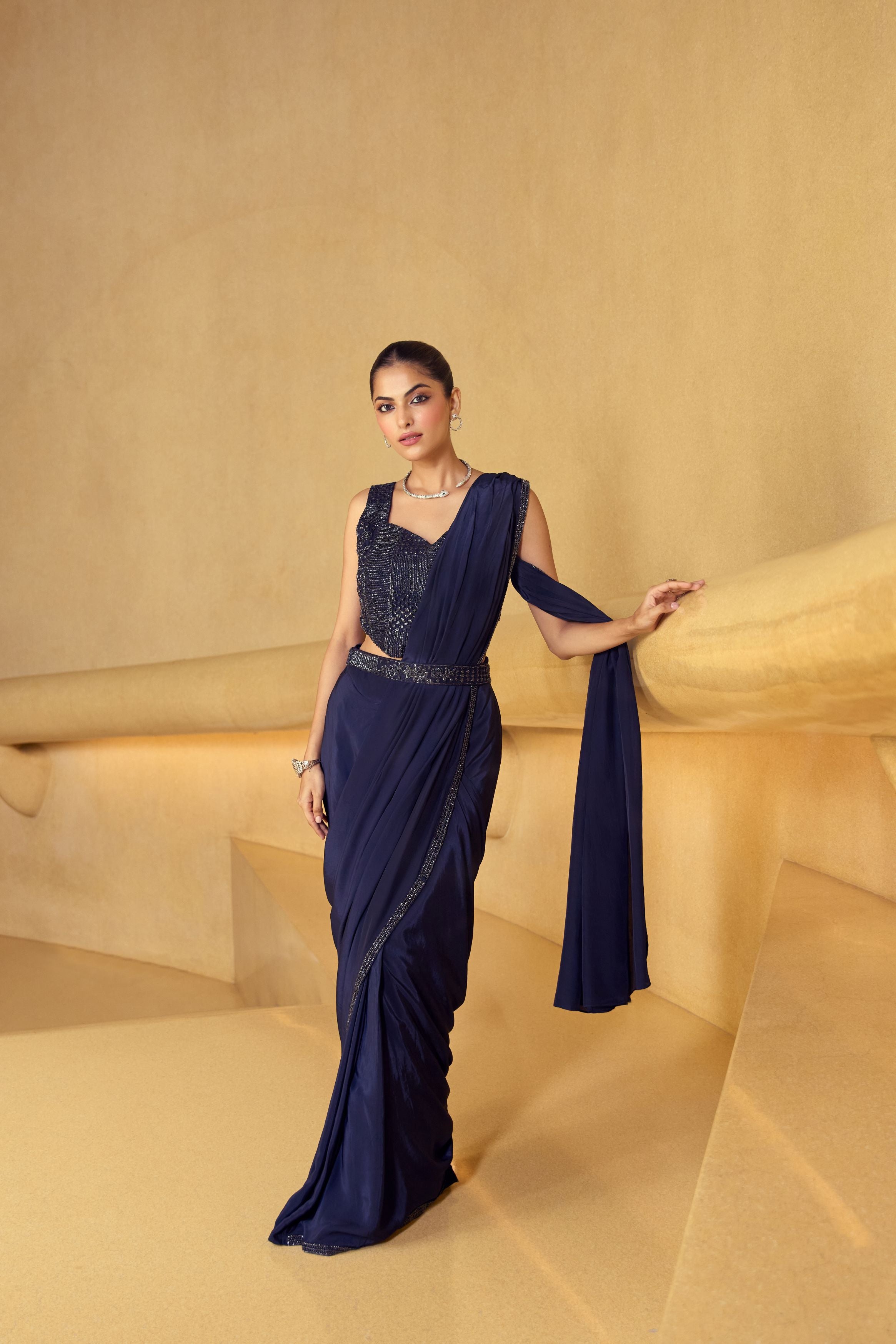 Midnight Blue Embellished Satin Silk Drape Saree
