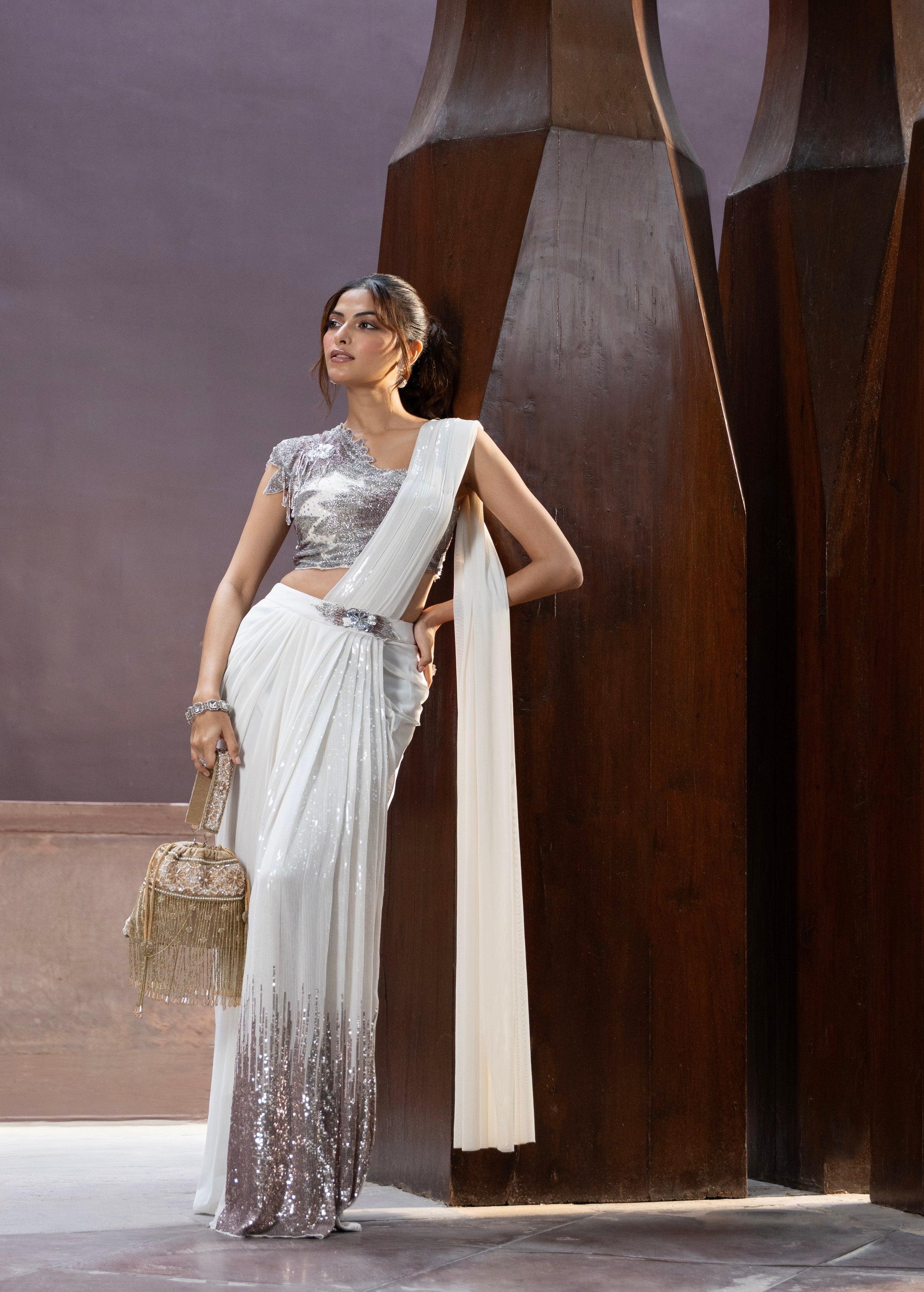 Pearl Embellished Spandex Lycra Silk Draped Saree