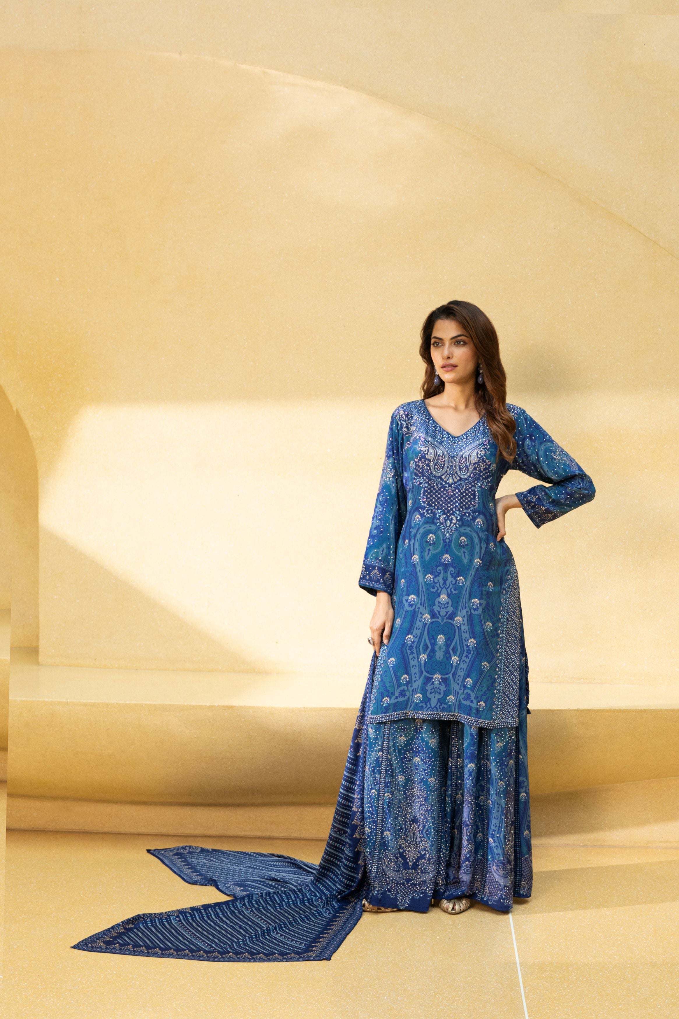 Blue Printed Crepe Silk Palazzo Set