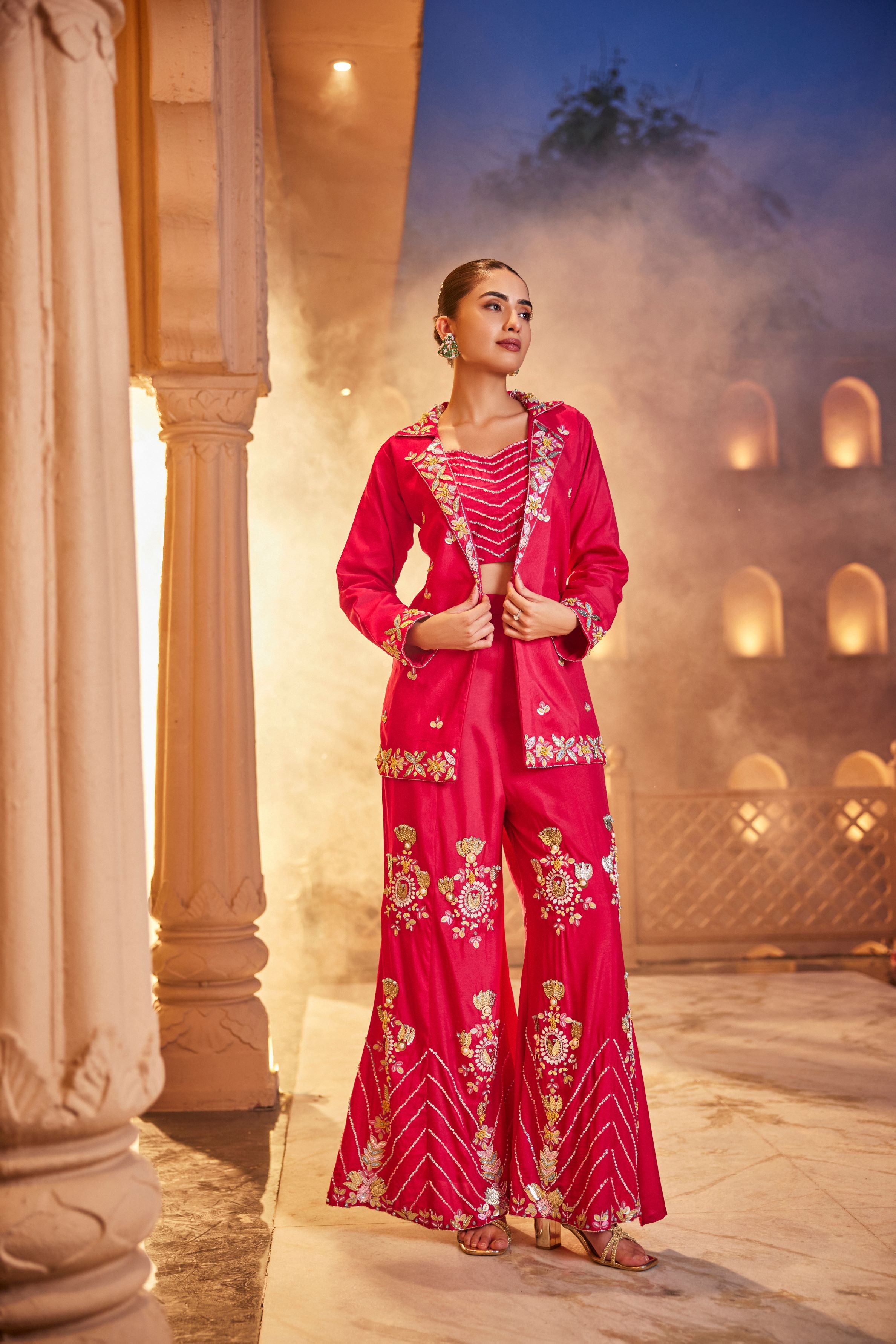 Dark Pink Embellished Premium Silk Jacket & Palazzo Set