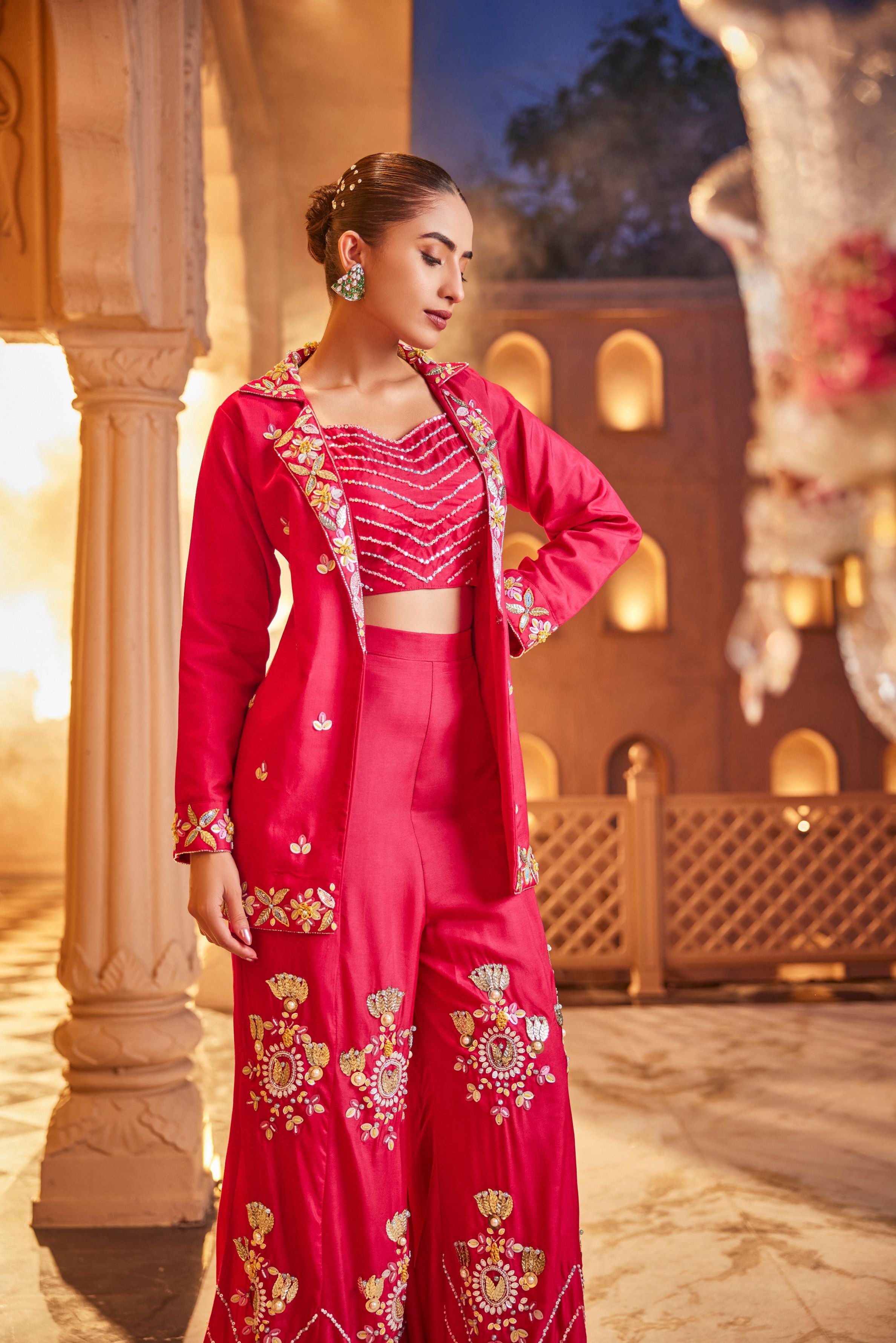 Dark Pink Embellished Premium Silk Jacket & Palazzo Set