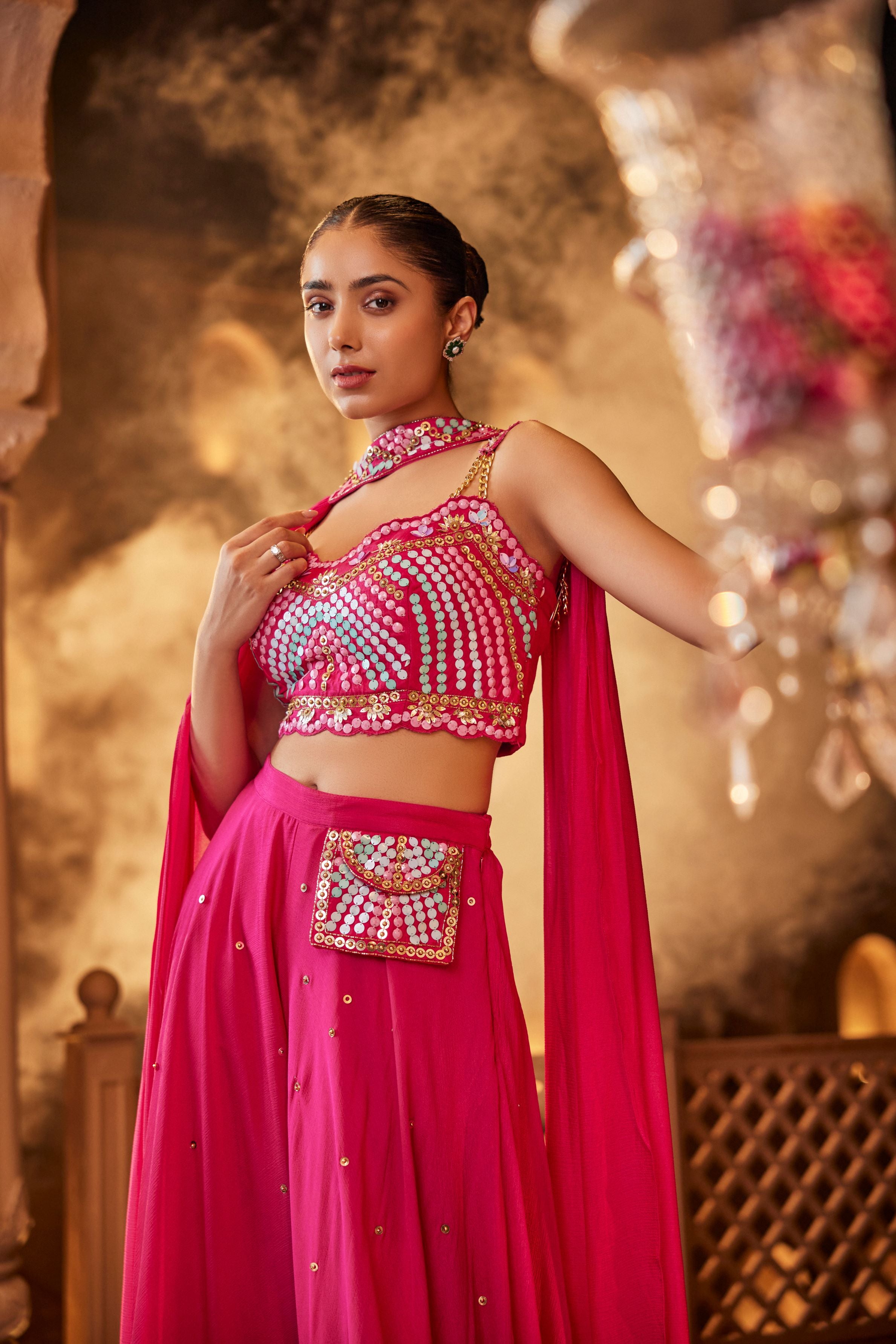 Bright Pink Embellished Chinon Silk Palazzo Set