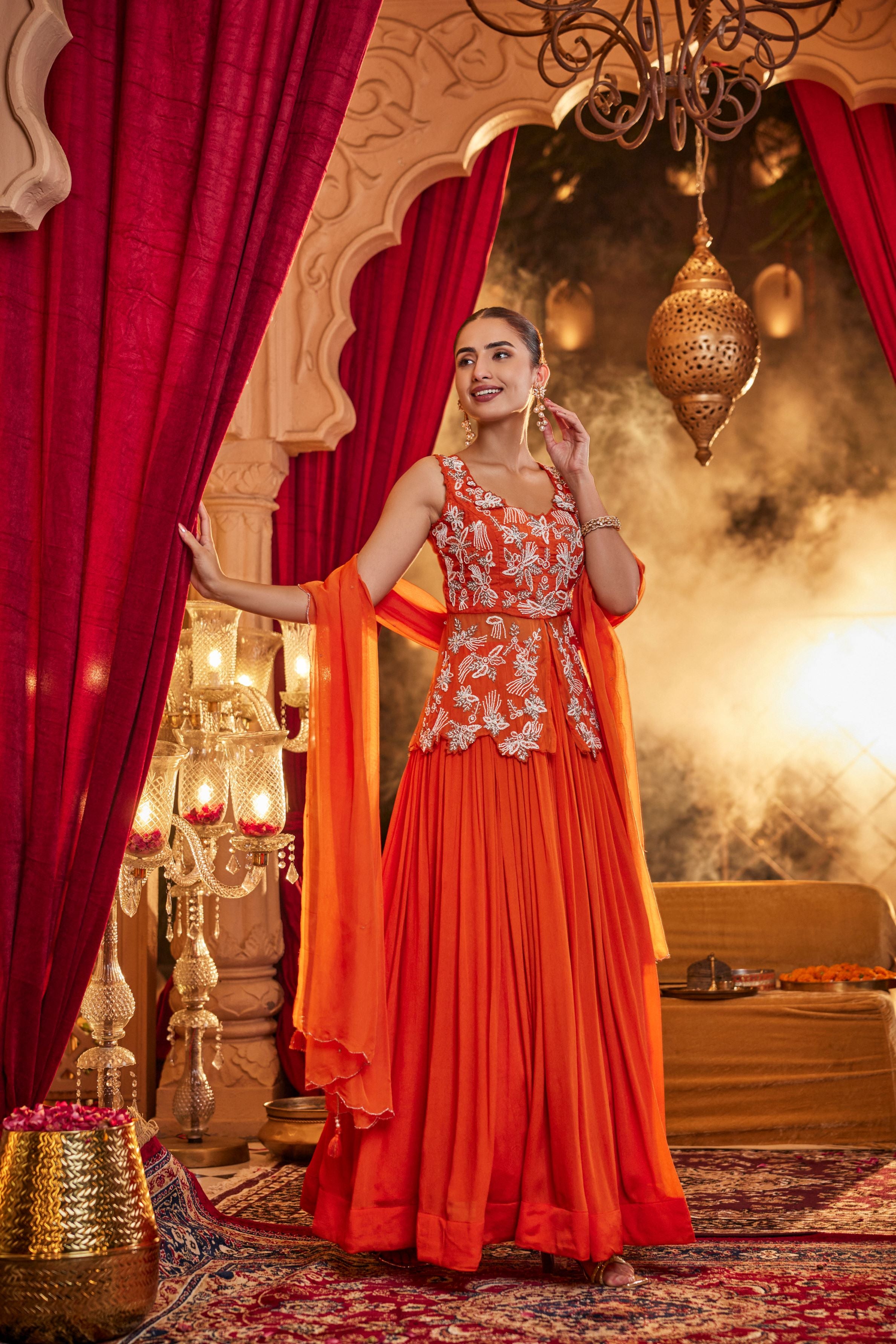 Orange Embellished Chinon Silk Skirt Set