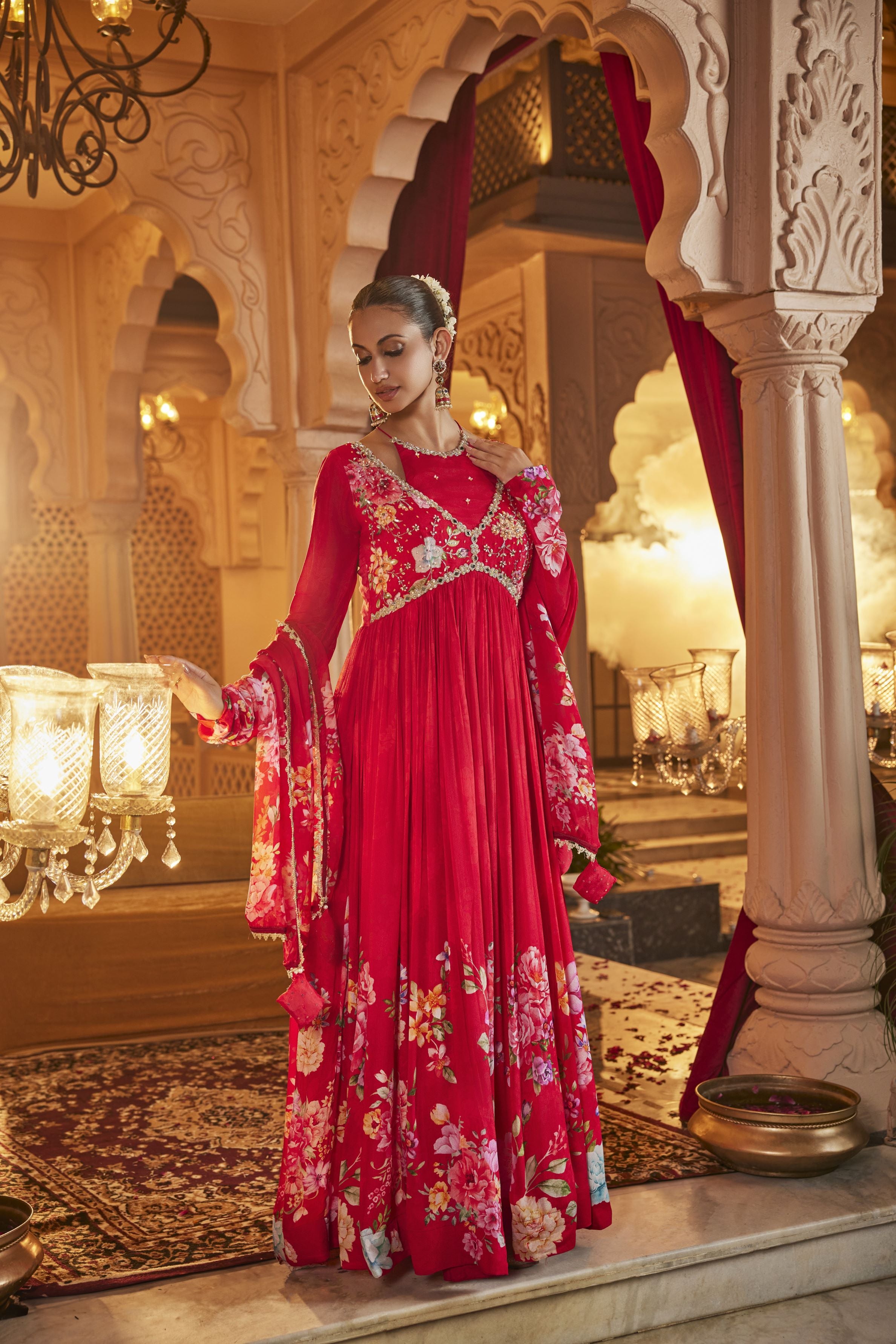 Red Floral Printed Chinon Silk Anarkali Set