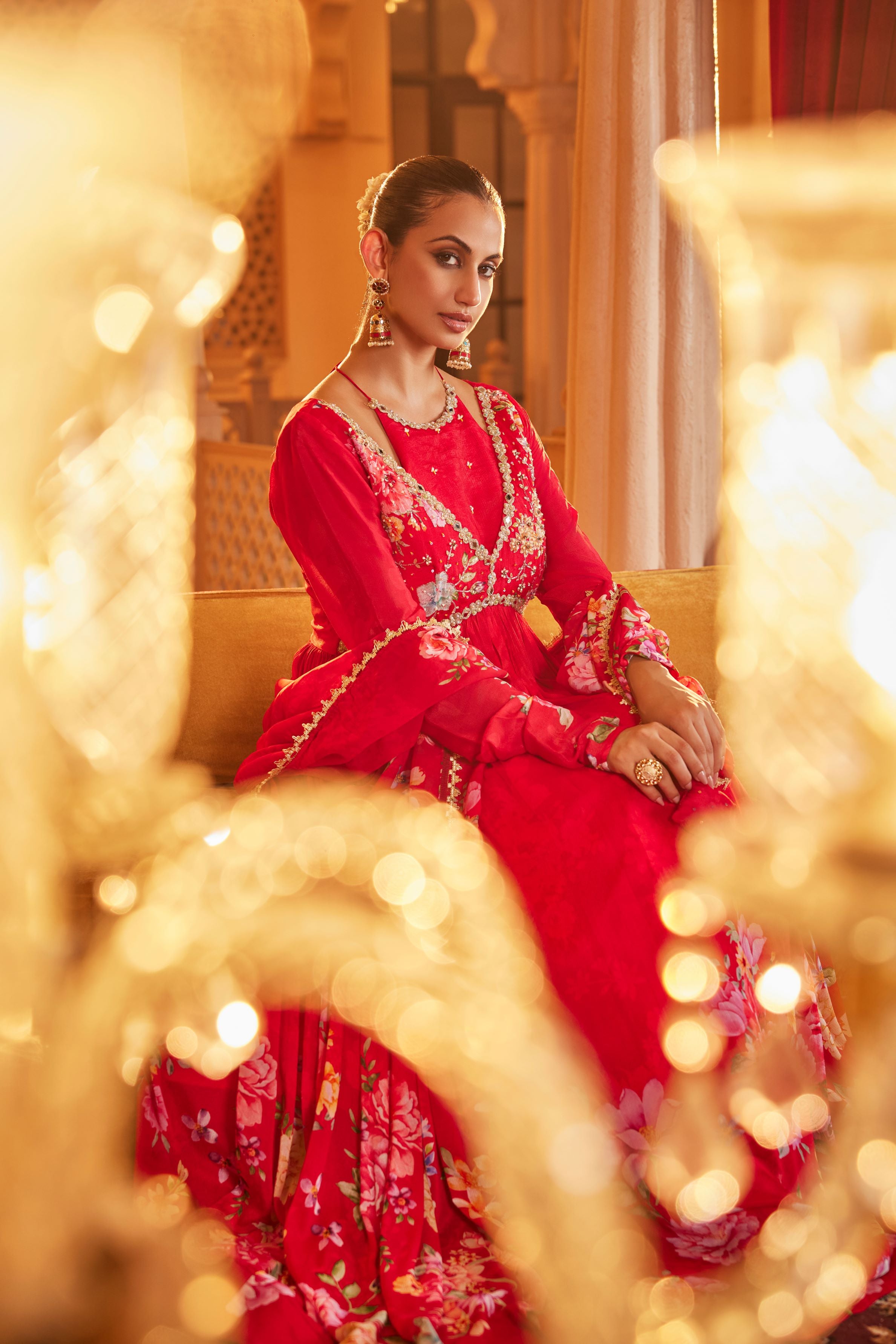 Red Floral Printed Chinon Silk Anarkali Set