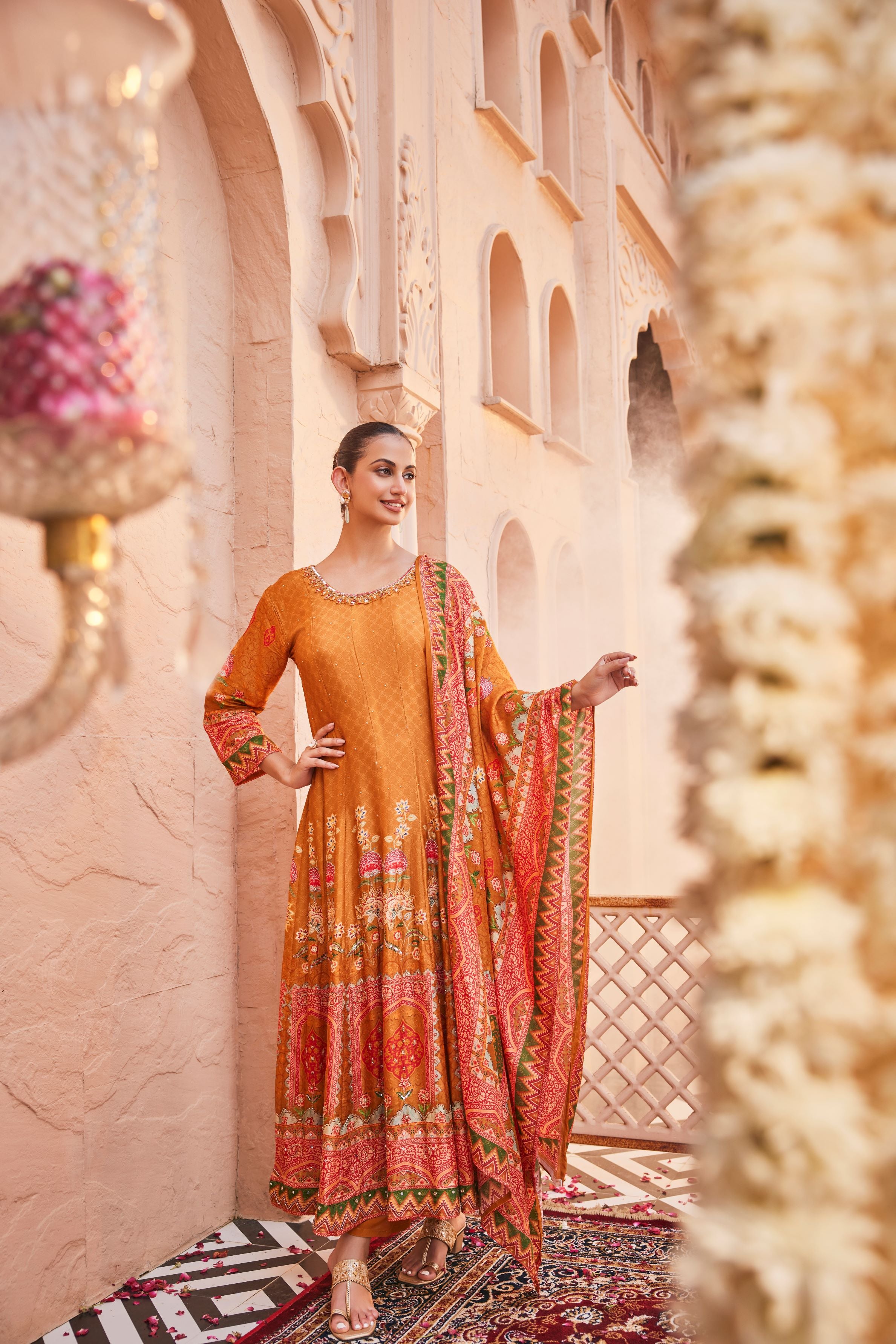 Orange Traditional Printed Spanish Silk Anarkali Set