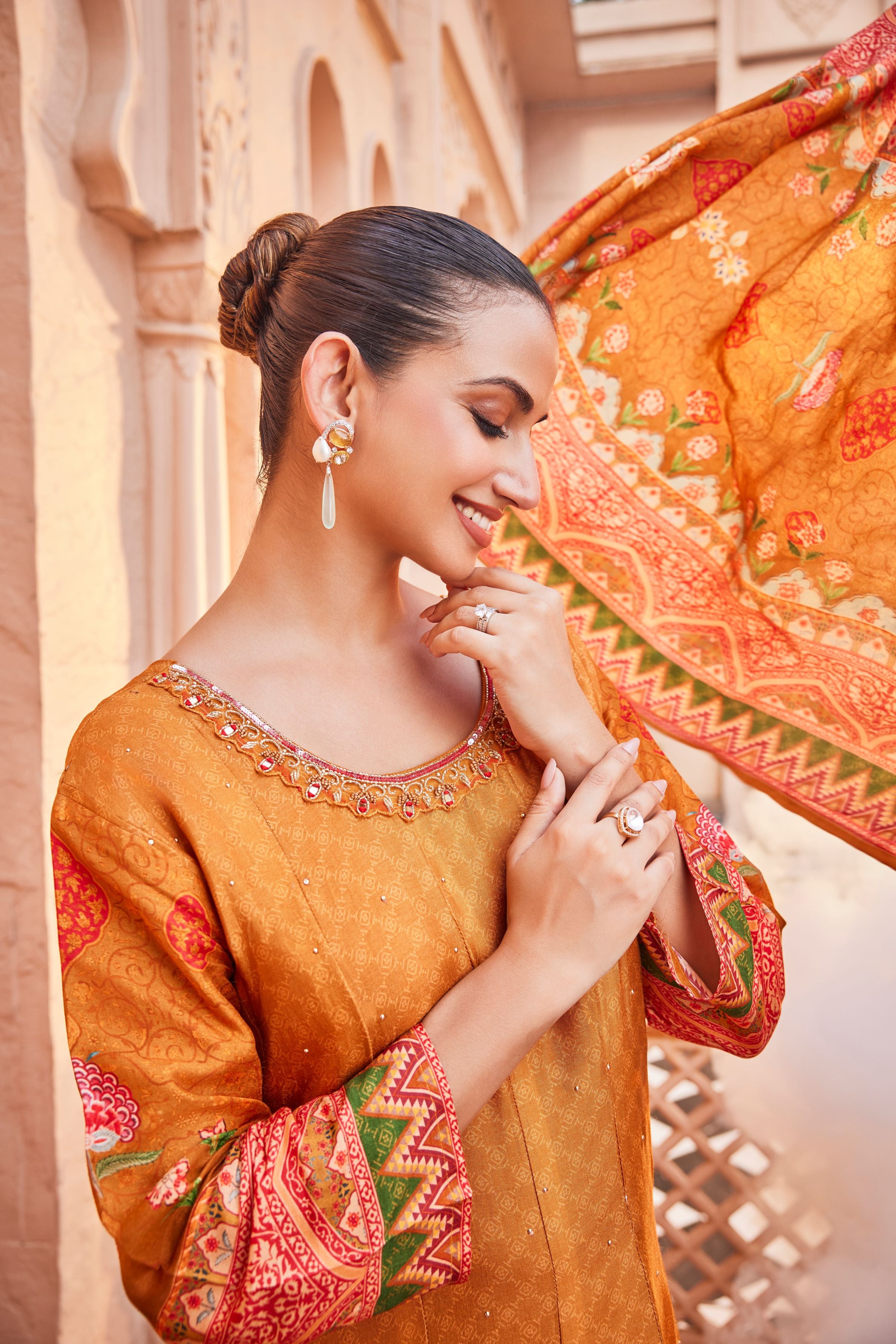 Orange Traditional Printed Spanish Silk Anarkali Set