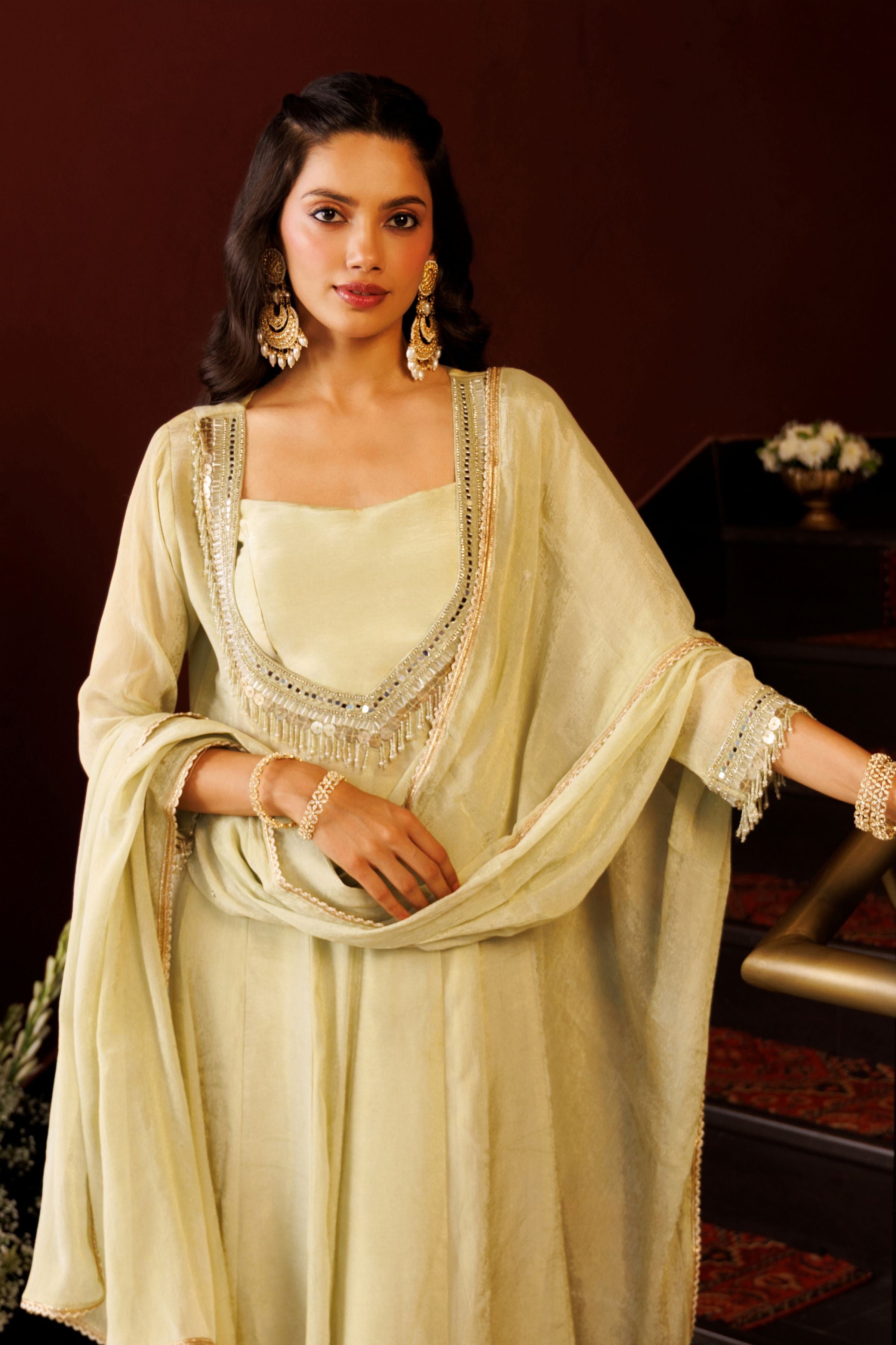 Pista Mist Embellished Shimmer Silk Anarkali Set