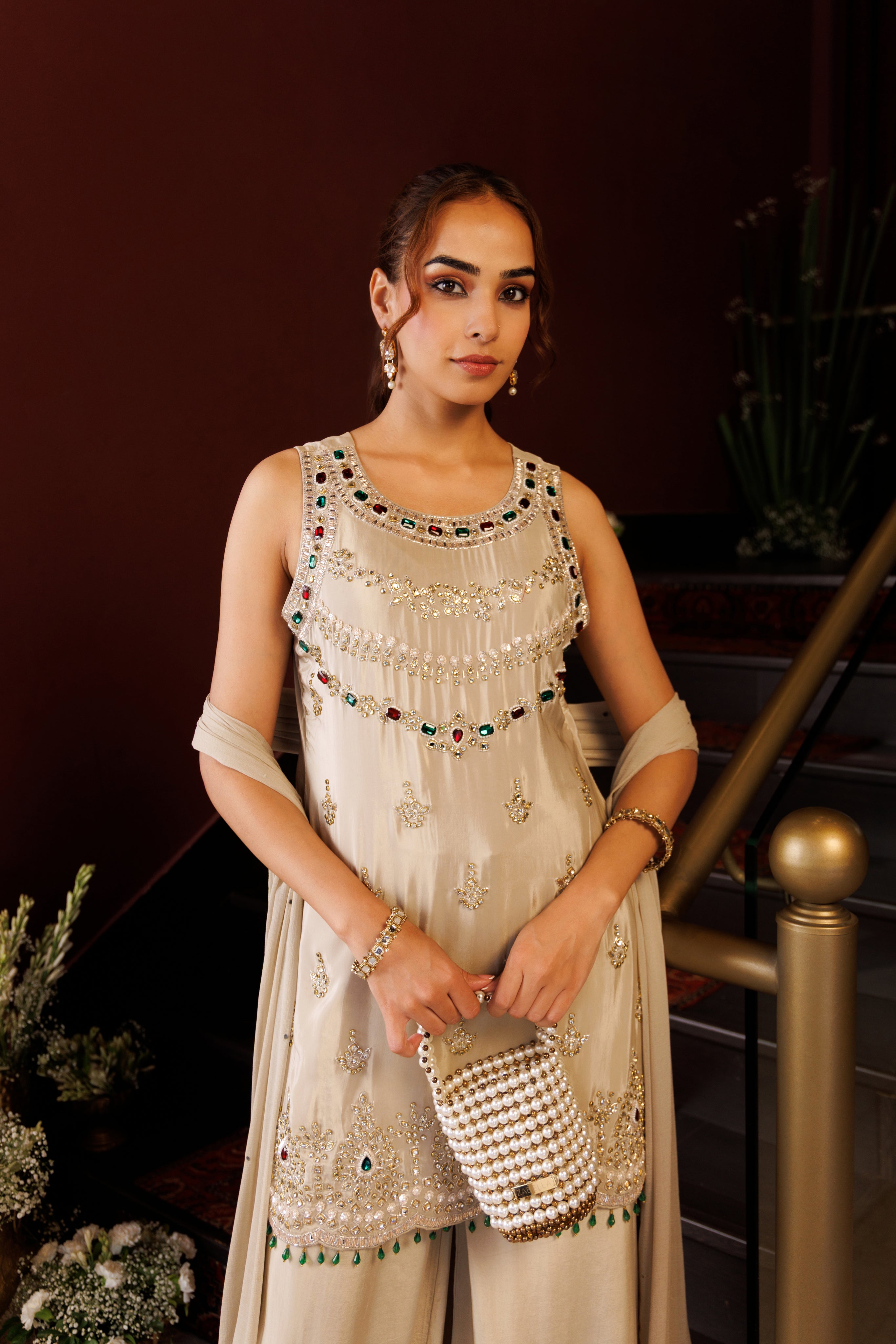 Sand Gleam Embellished Crepe Silk Palazzo Set