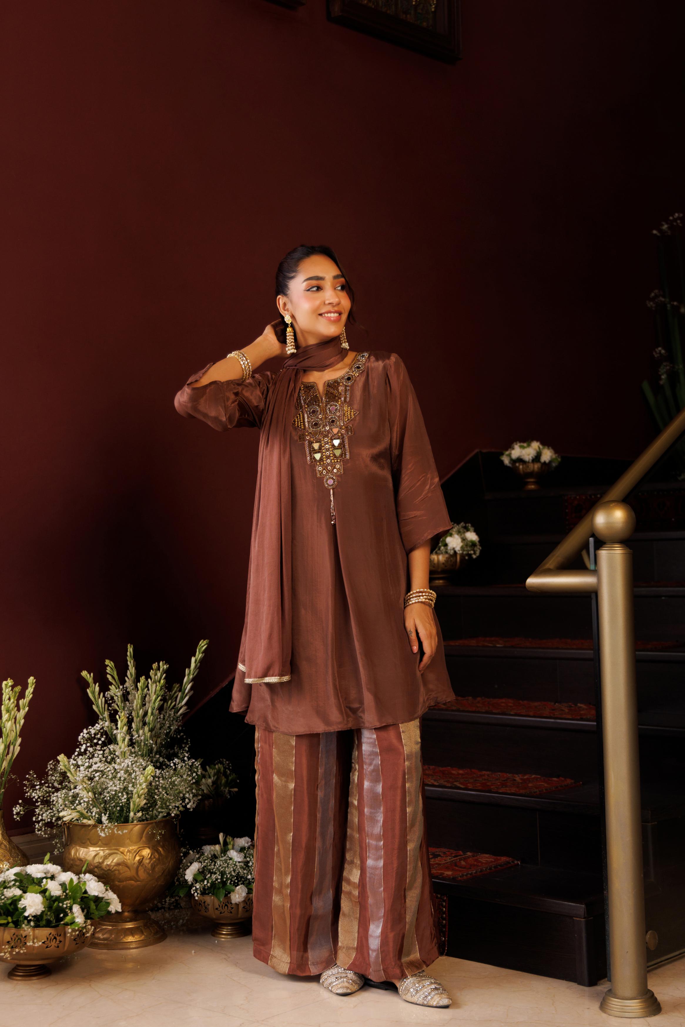 Mocha Brown Embellished Organza Silk Palazzo Set