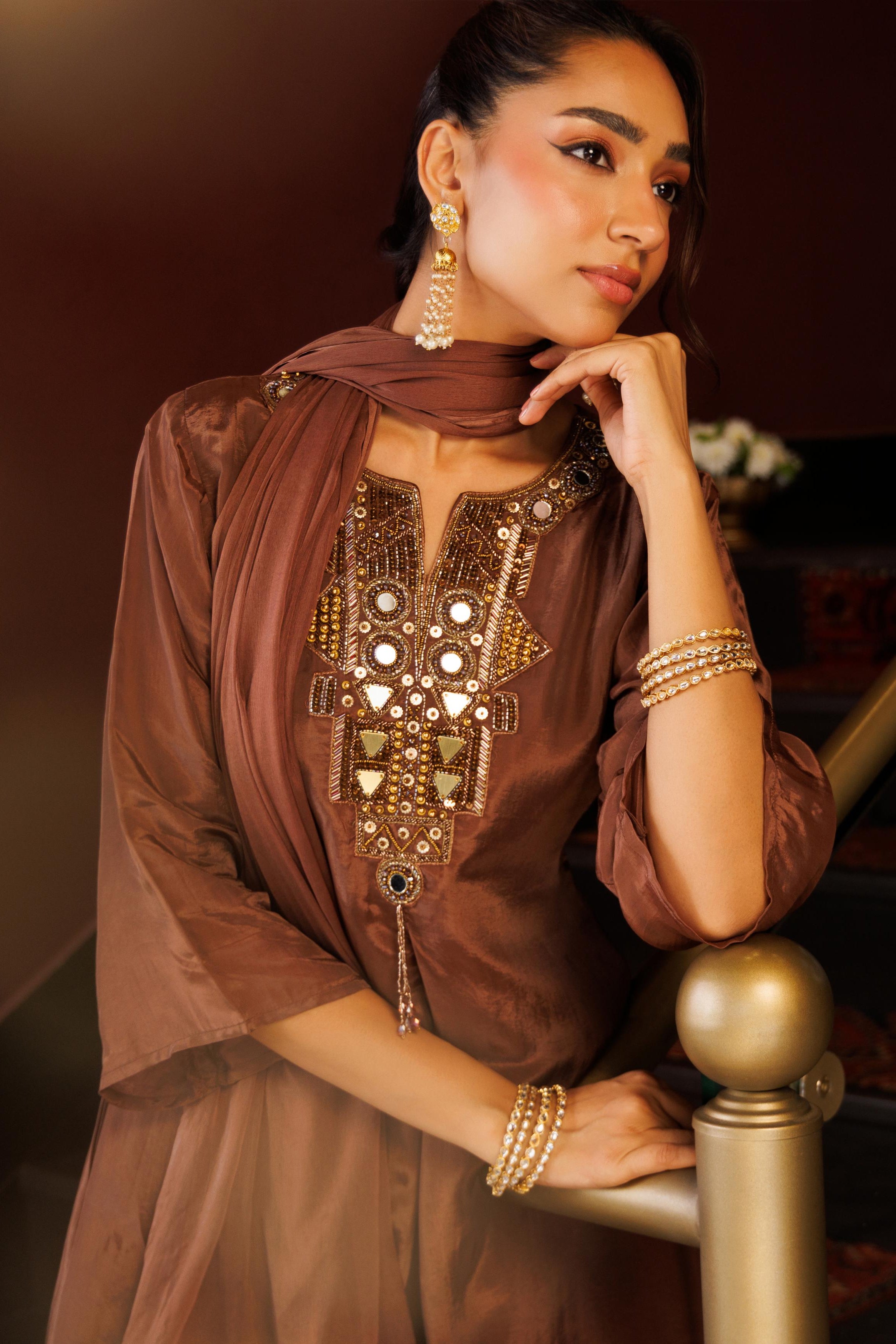Mocha Brown Embellished Organza Silk Palazzo Set