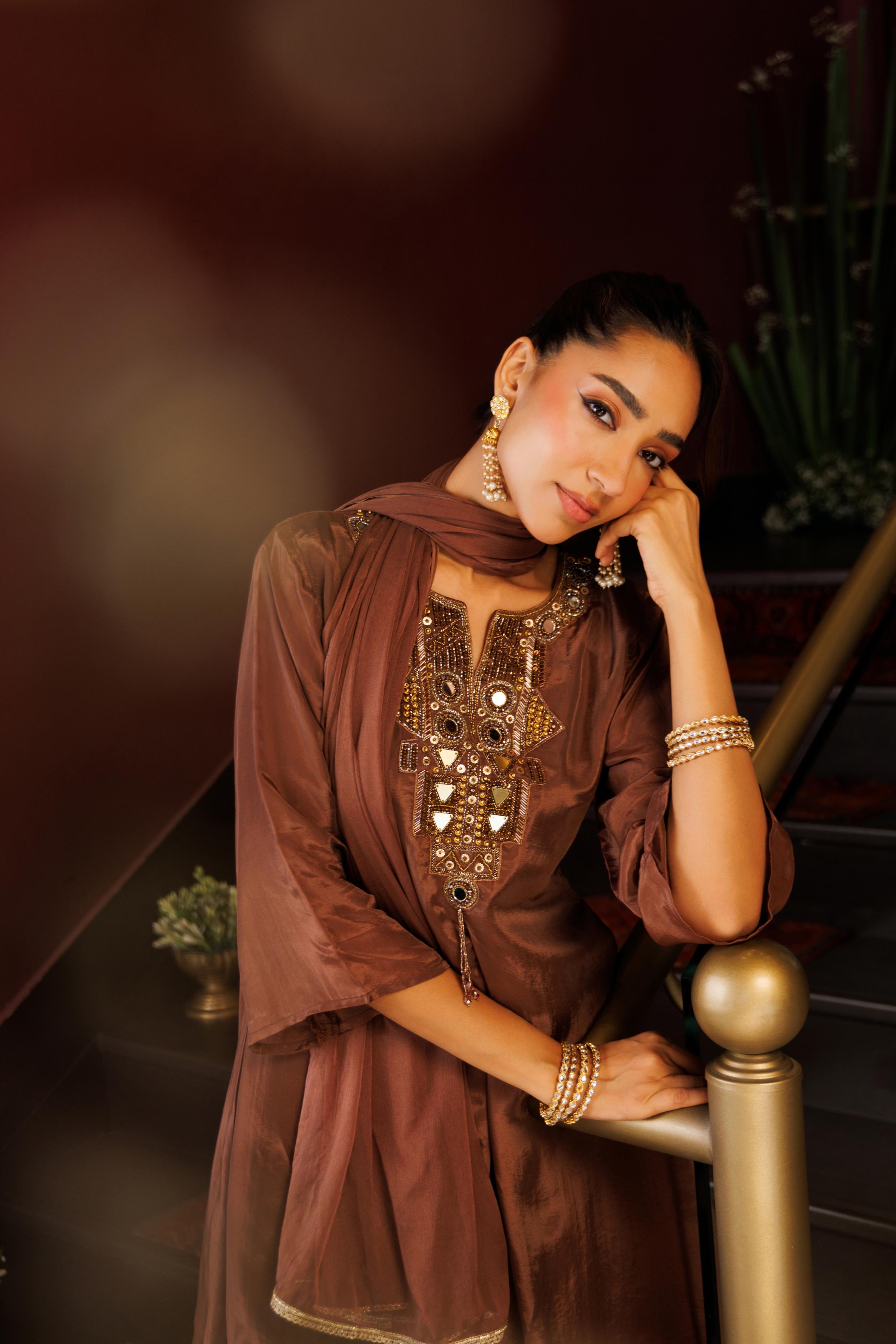 Mocha Brown Embellished Organza Silk Palazzo Set