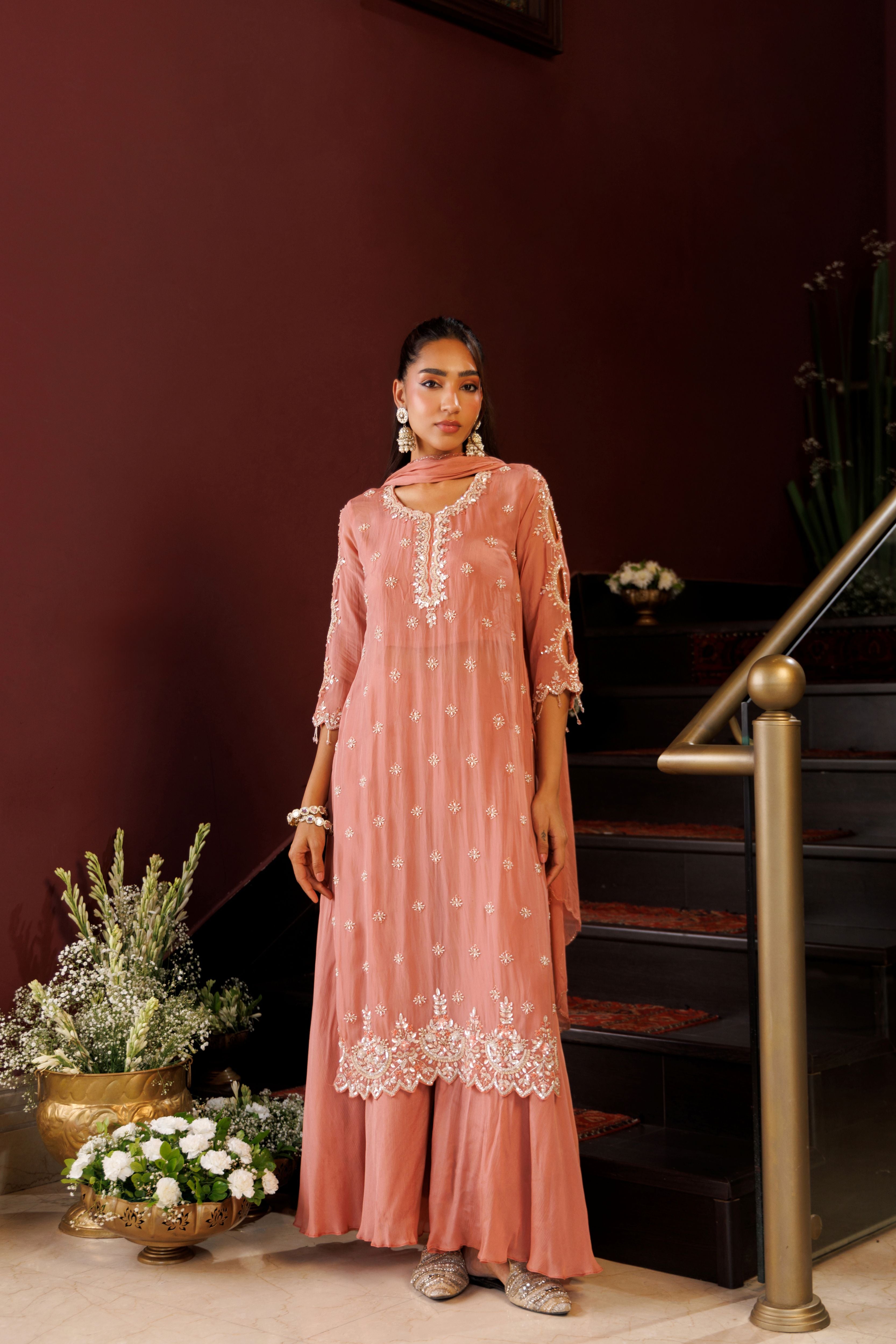 Royale Peach Embellished Organza Silk Palazzo Set