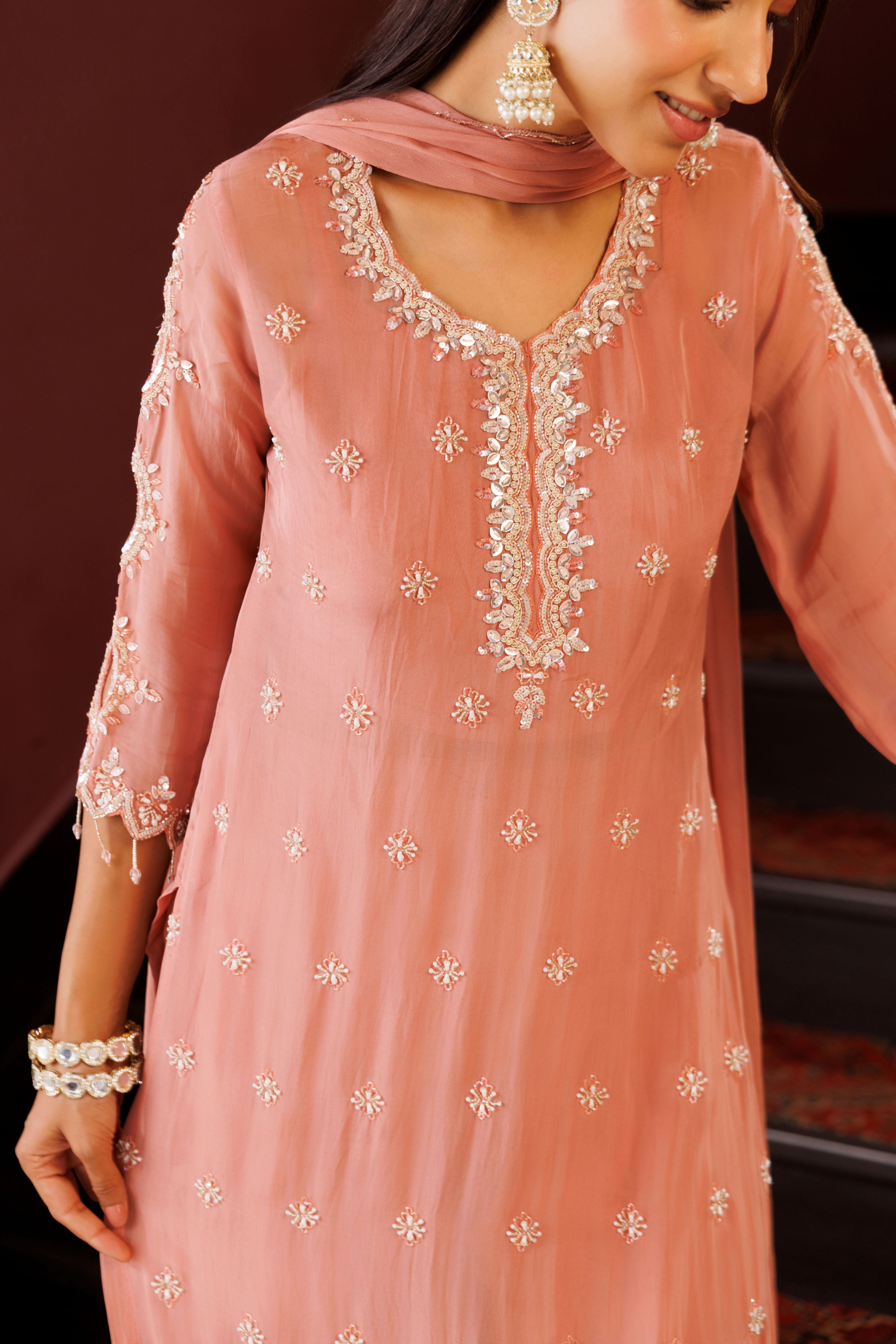 Royale Peach Embellished Organza Silk Palazzo Set