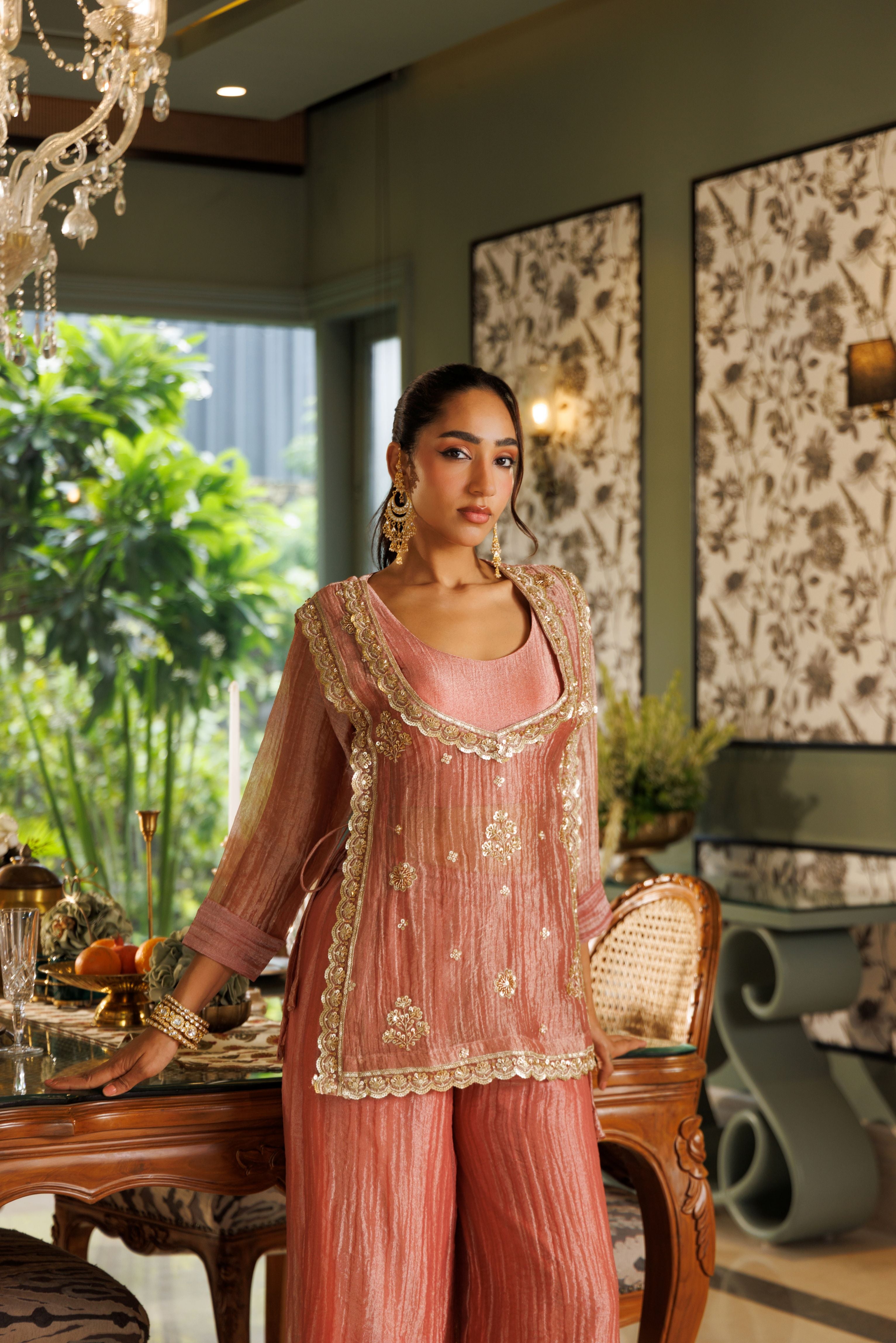 Rose Dust Embellished Shimmer Tissue Silk Co-Ord Set