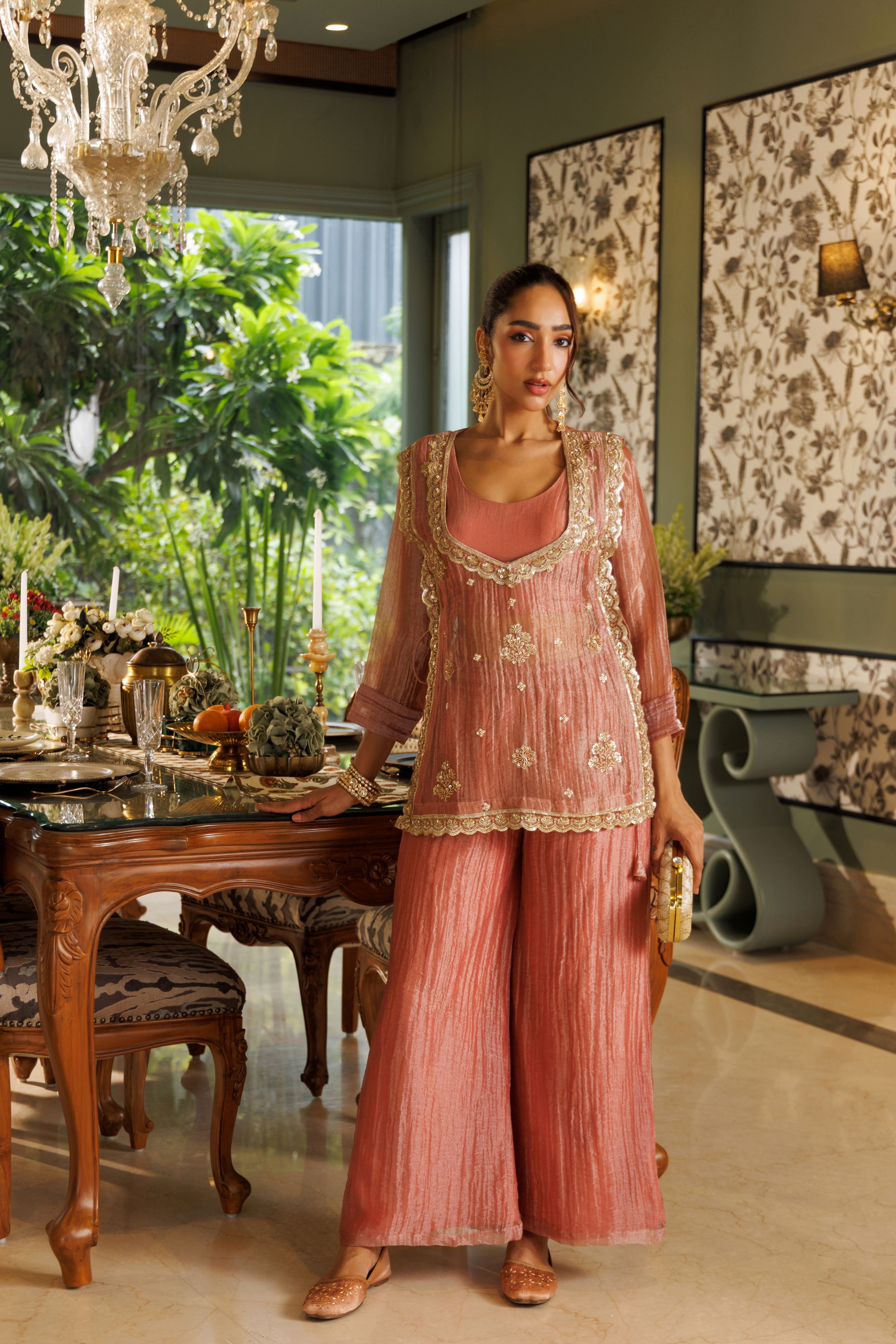 Rose Dust Embellished Shimmer Tissue Silk Co-Ord Set