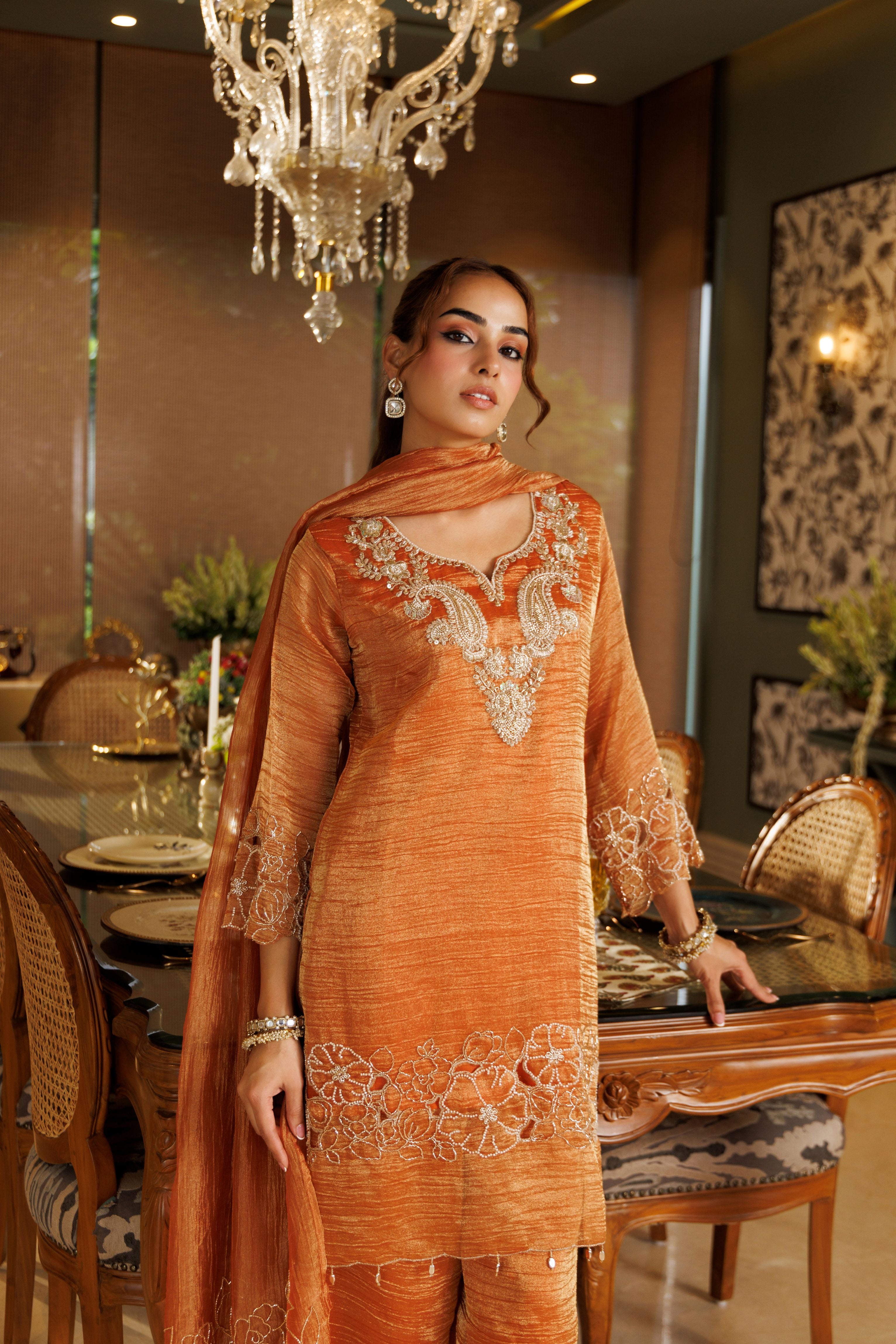Tangerine Embellished Tissue Silk Pant Set