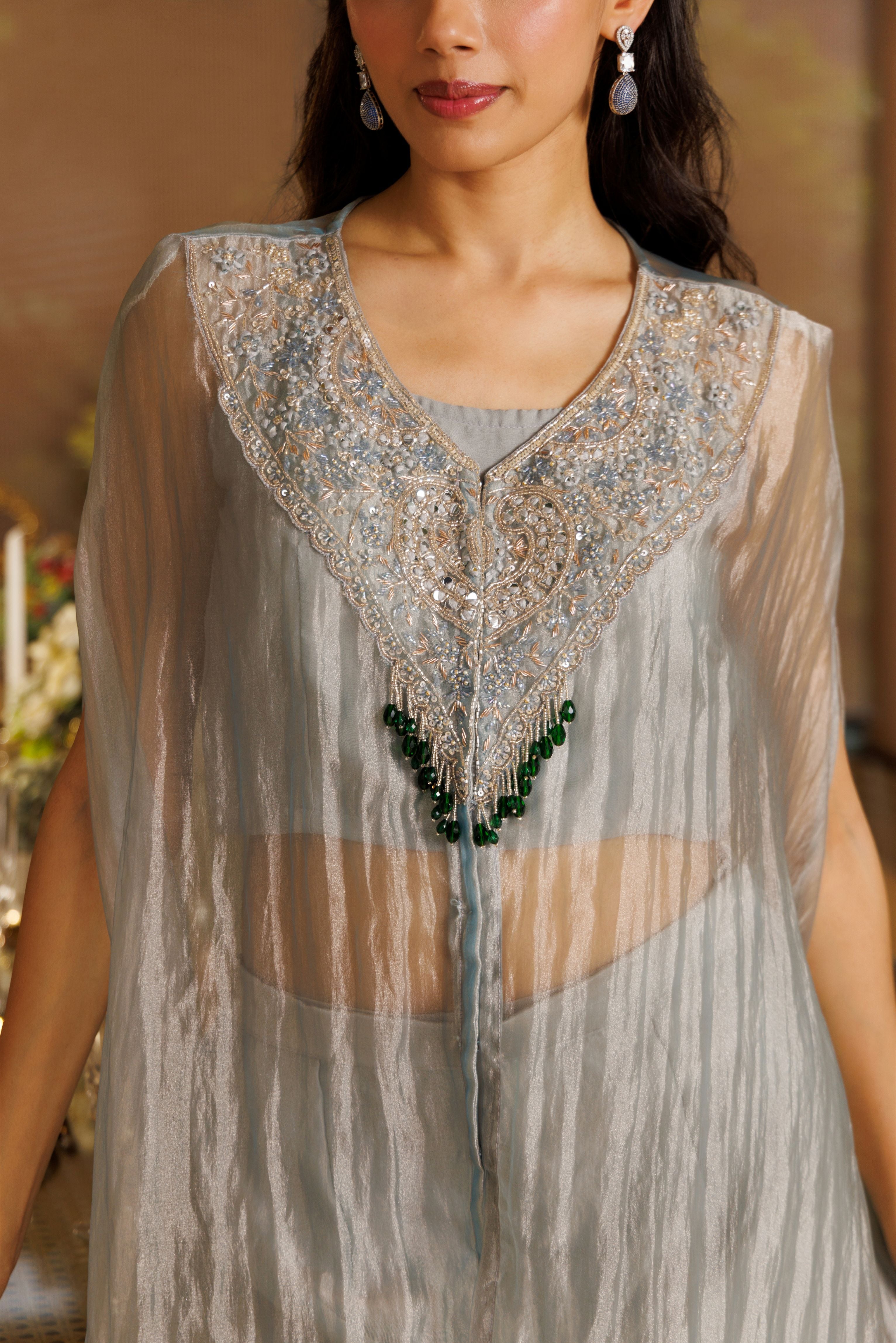 Grey Haze Embellished Shimmer Tissue Silk Kaftan Set