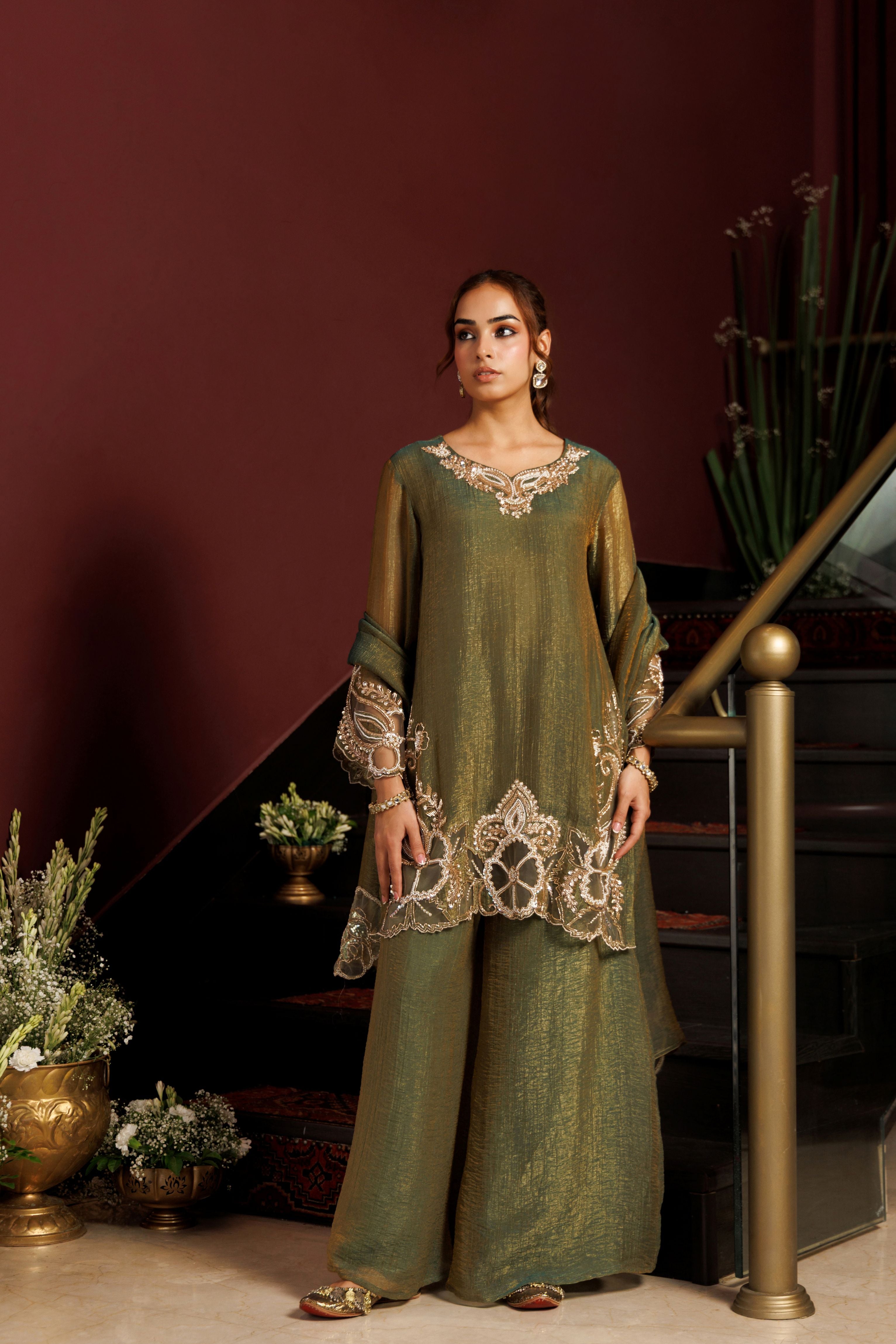Laurel Green Embellished Shimmer Tissue Silk Palazzo Set