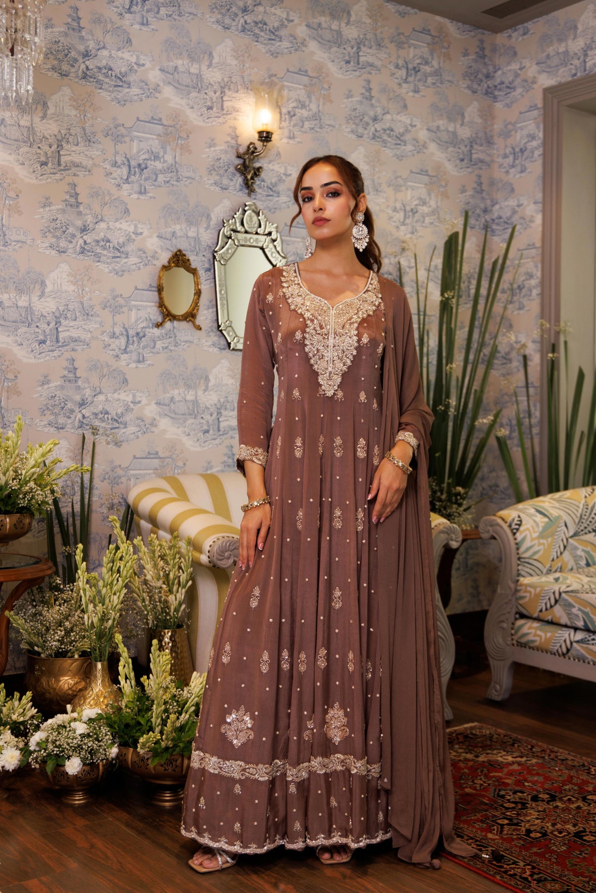 Cocoa Brown Embellished Chinon Silk Anarkali Set