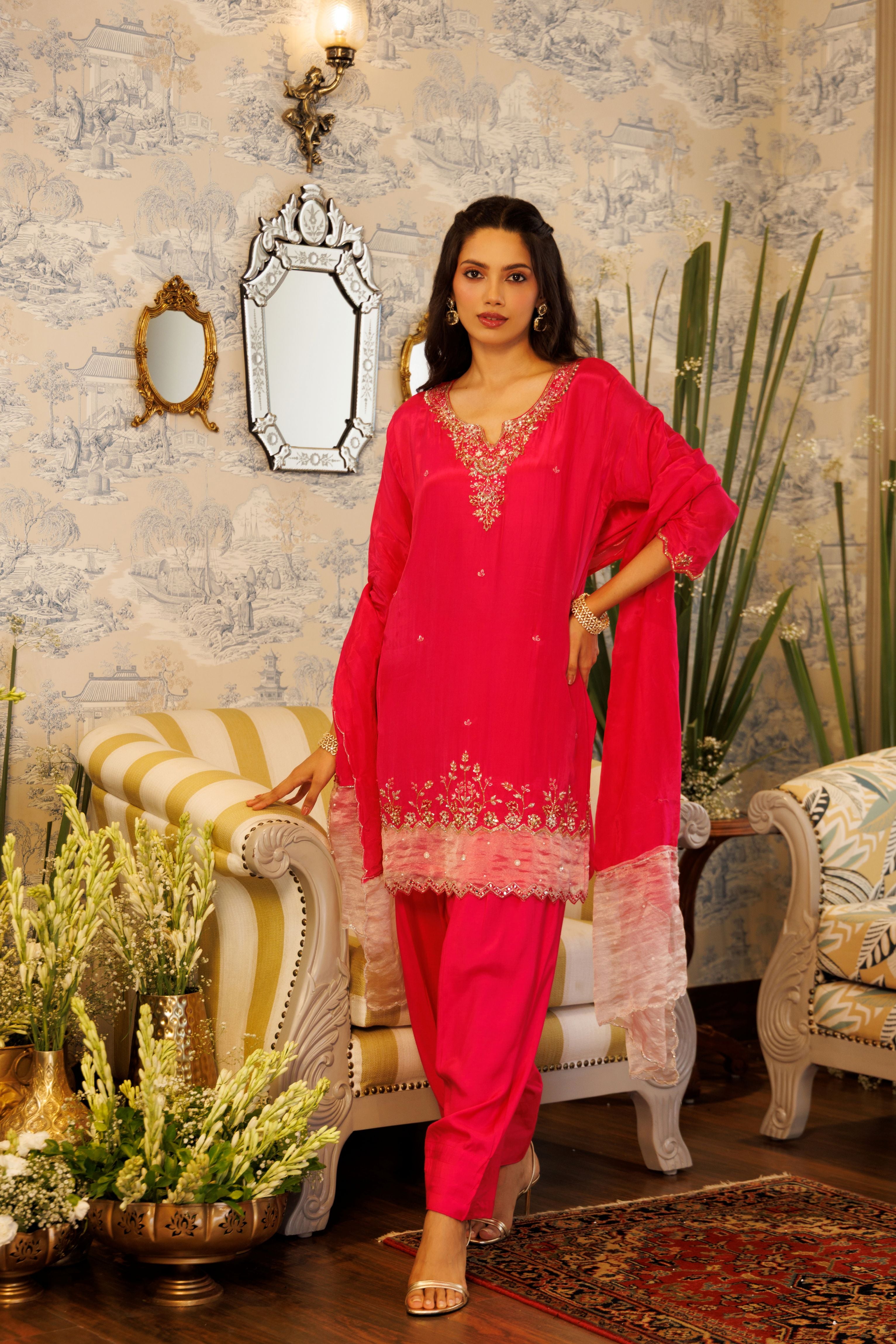 Raspberry Hue Embellished Crepe Silk Salwar Set