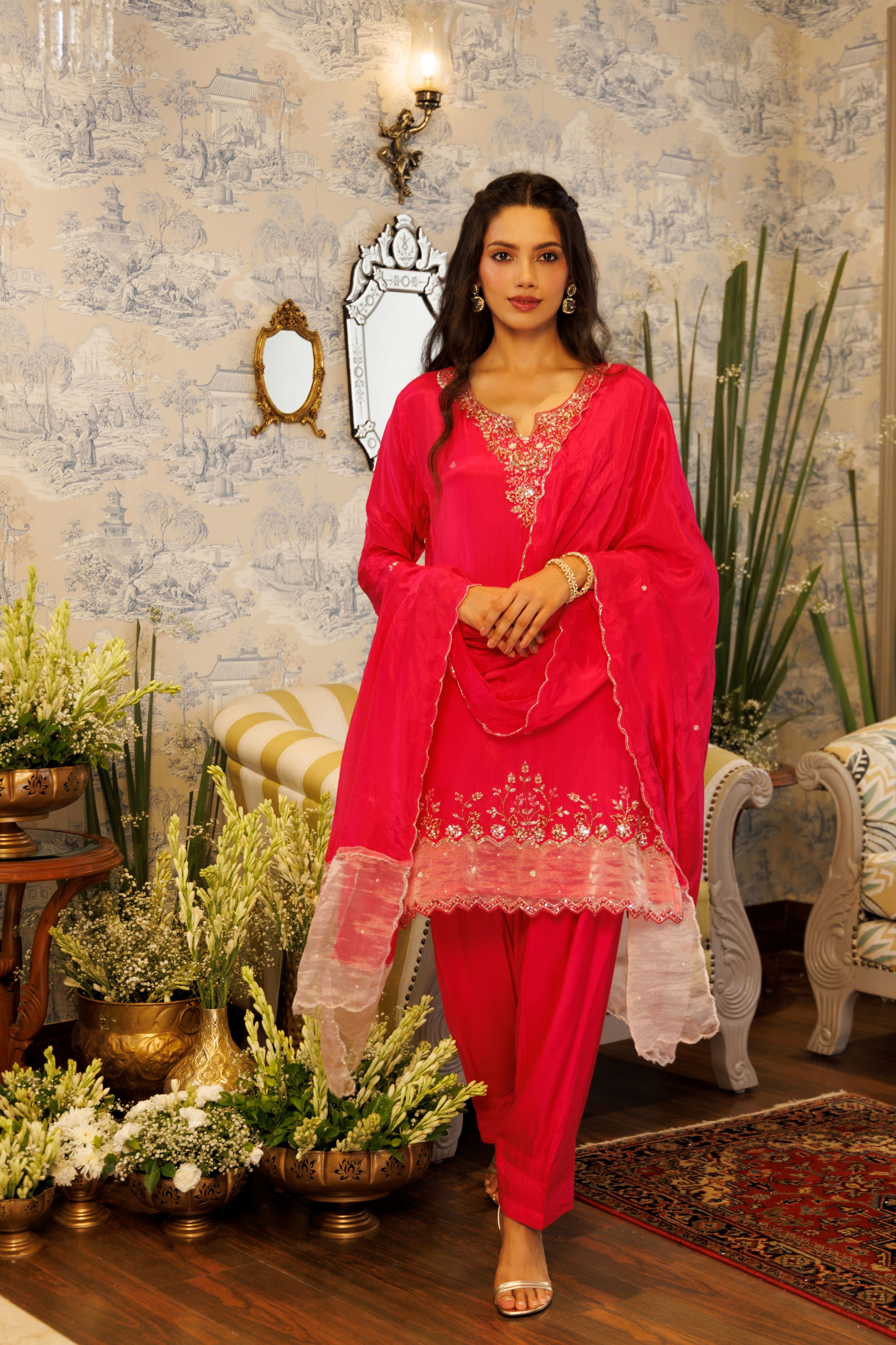 Raspberry Hue Embellished Crepe Silk Salwar Set