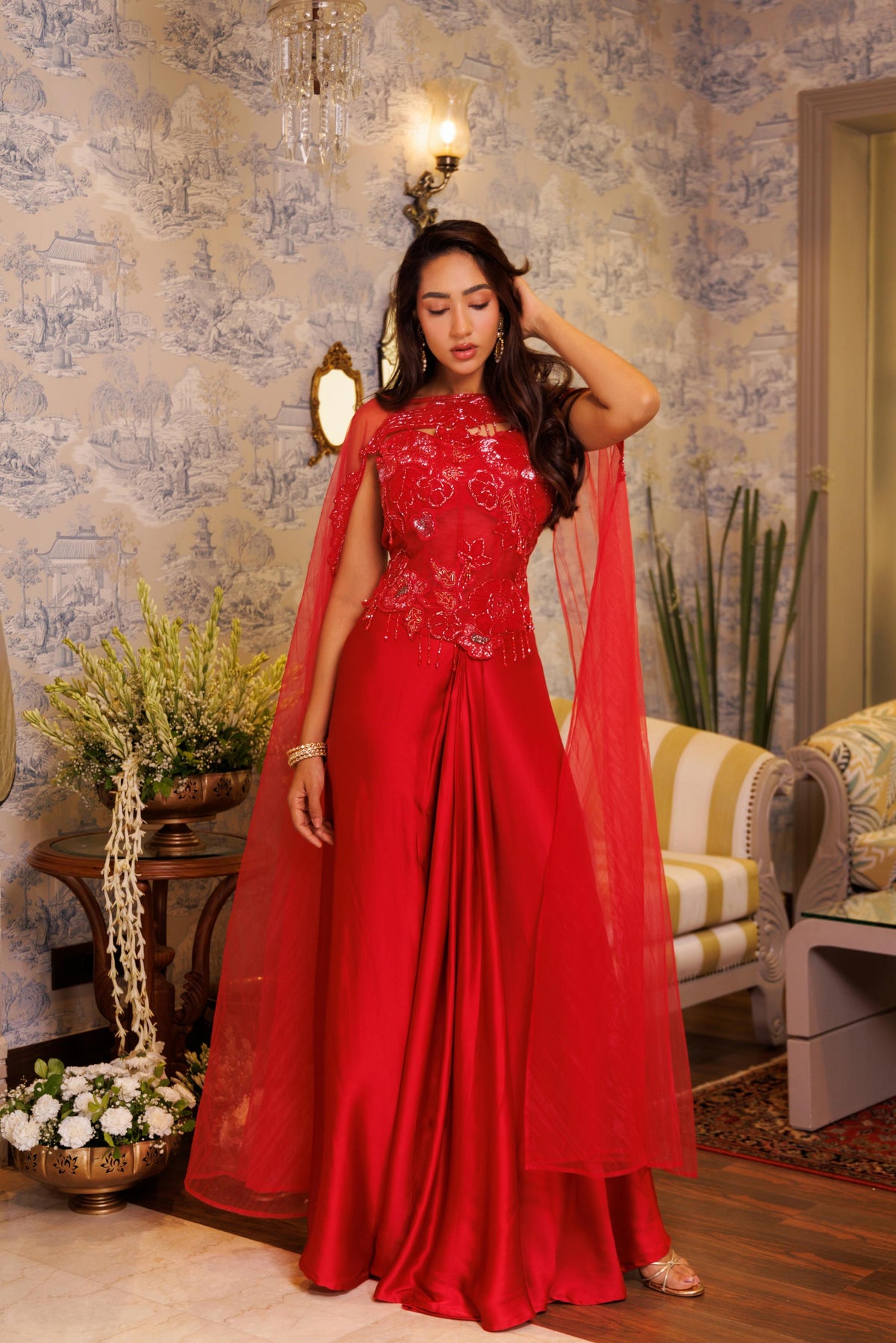 Crimson Red Embellished Satin Silk Skirt Set