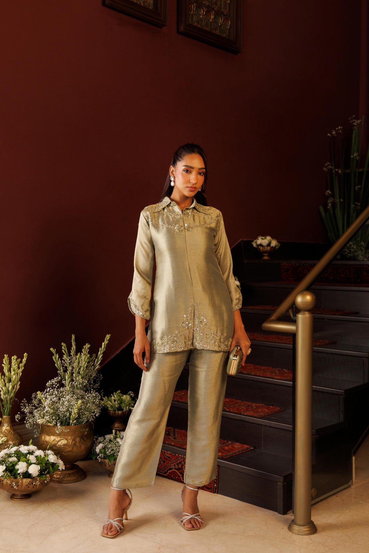 Sage Green Embellished Tissue Silk Pant Set