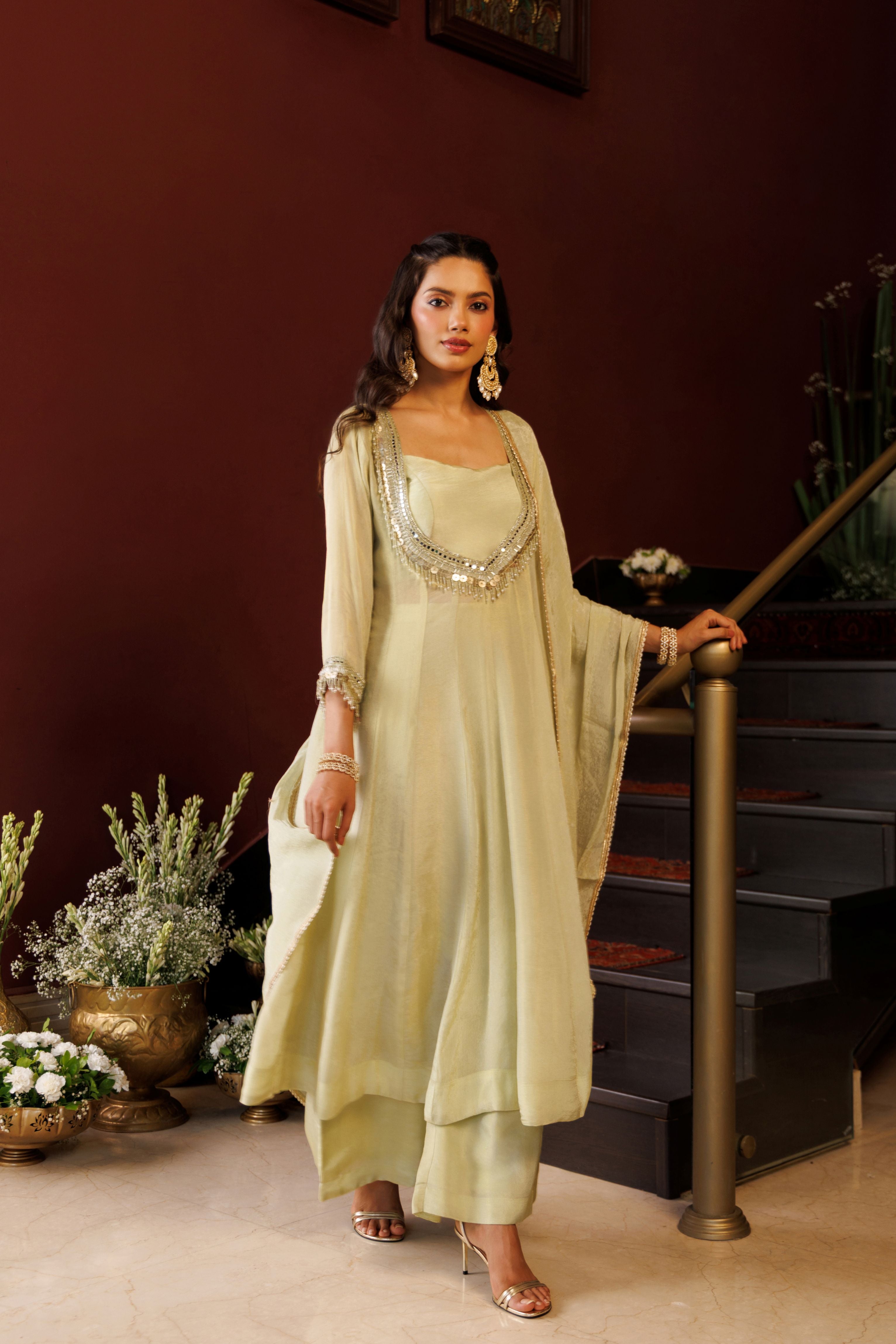Pista Mist Embellished Shimmer Silk Anarkali Set