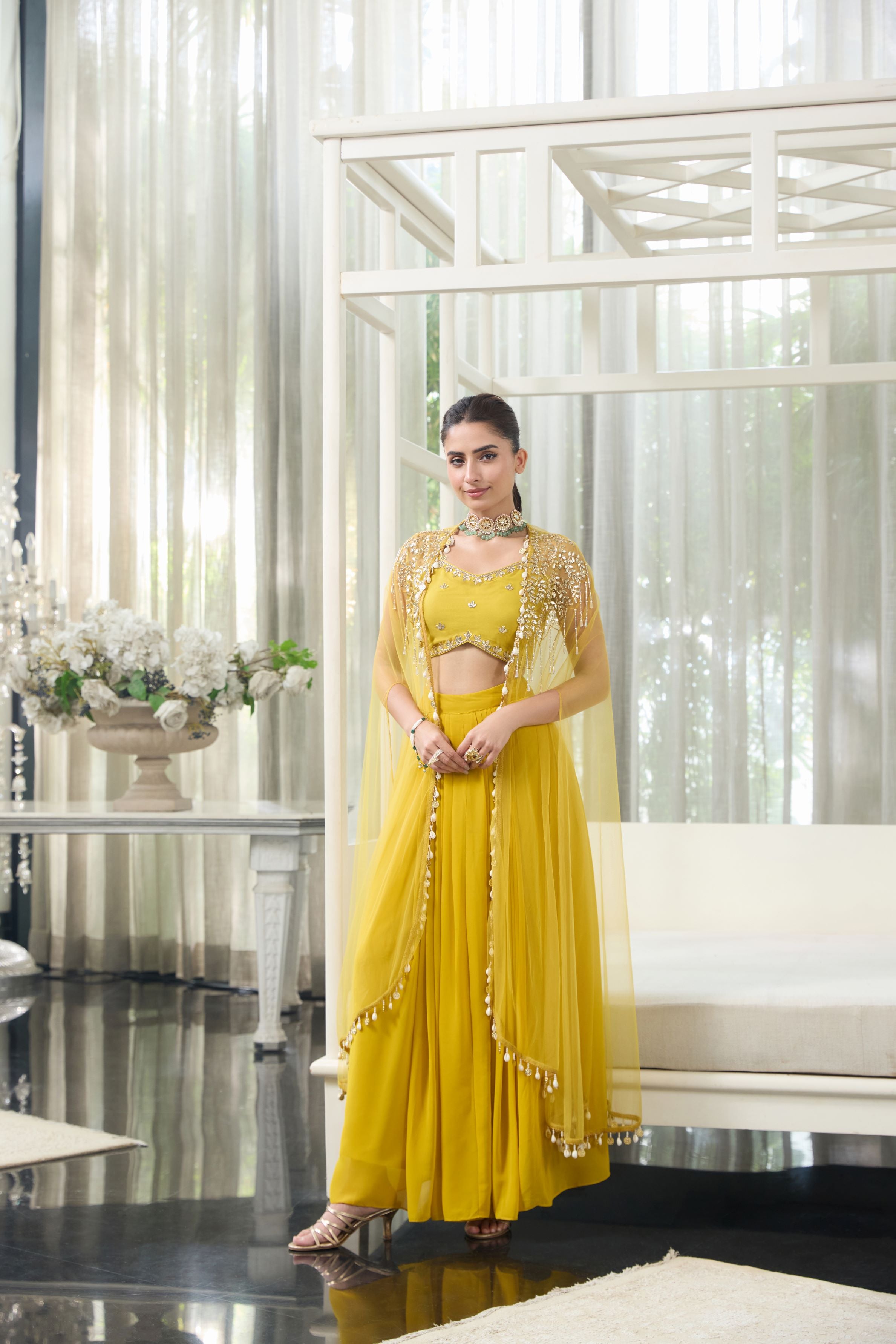 Bright Yellow Embellished Georgette Silk Cape Set