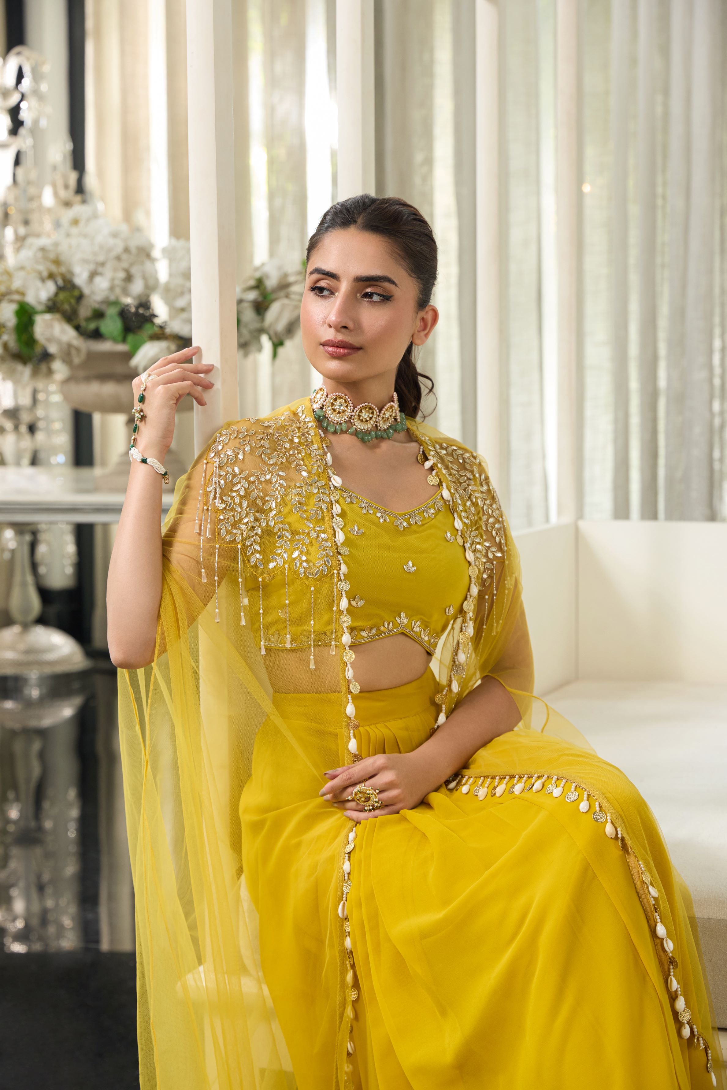 Bright Yellow Embellished Georgette Silk Cape Set