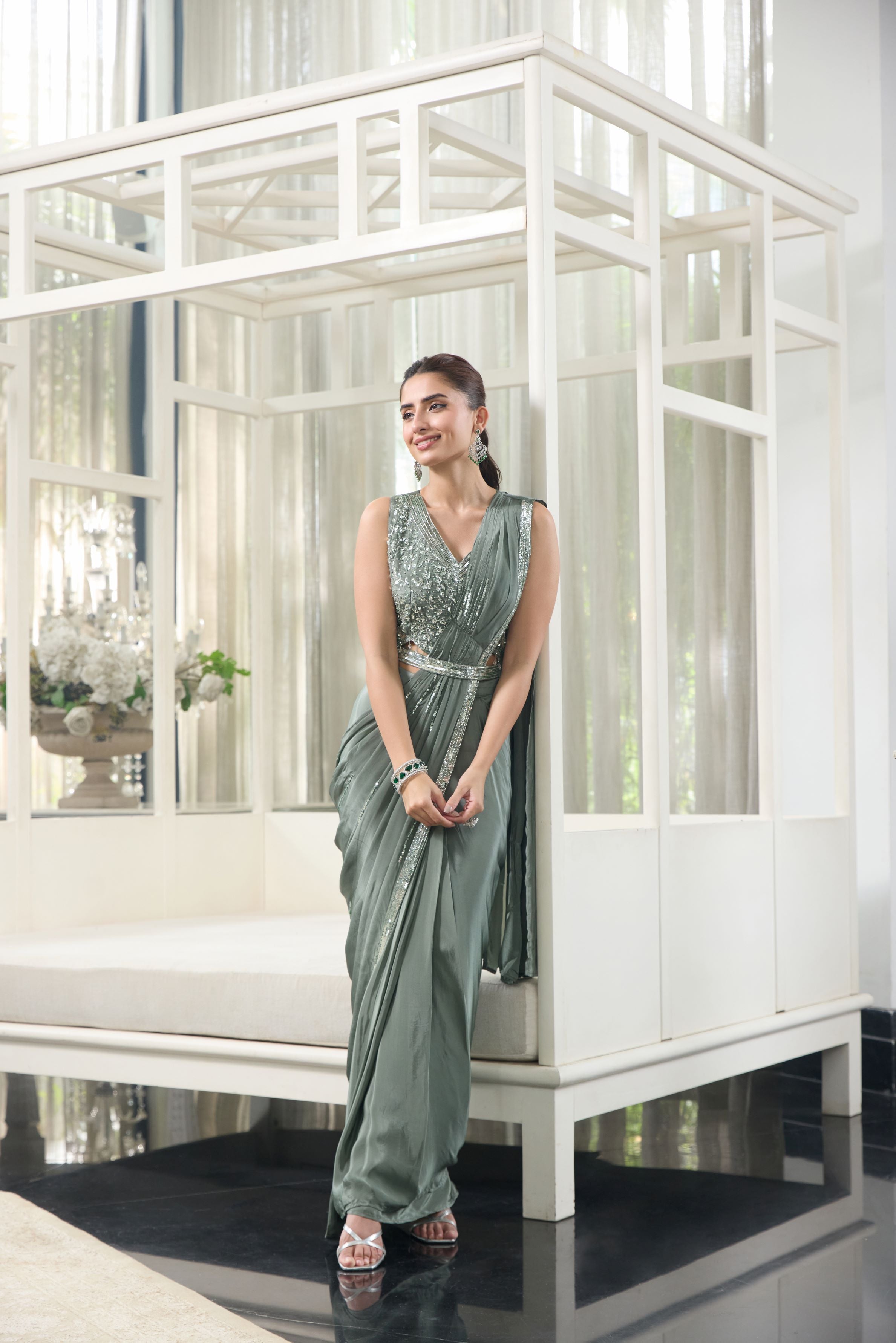 Sage Green Embellished Crepe Silk Saree