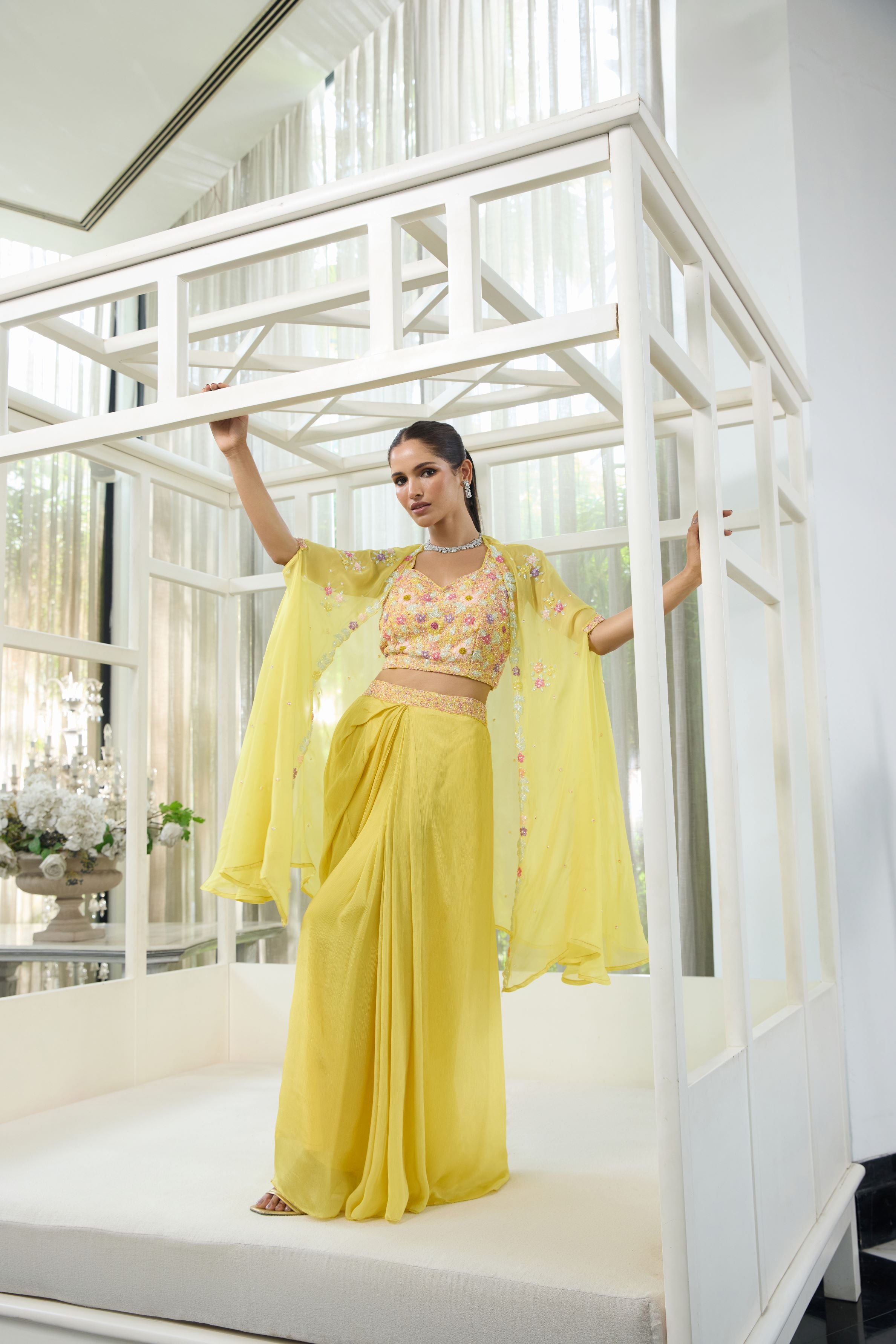 Light Yellow Embroidered Organza Silk Cape Set