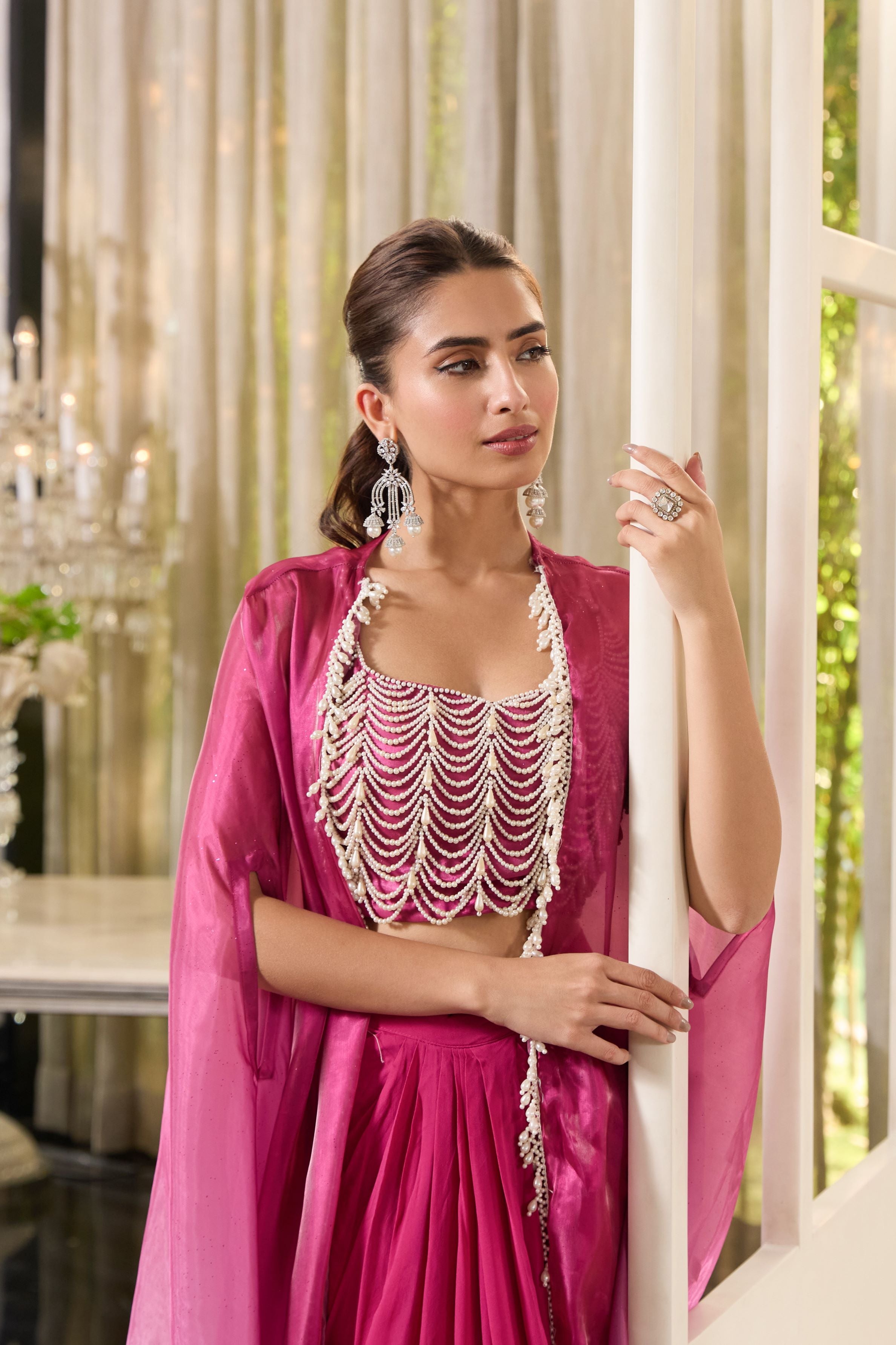 Dark Magenta Embellished Pure Organza Silk Cape Set