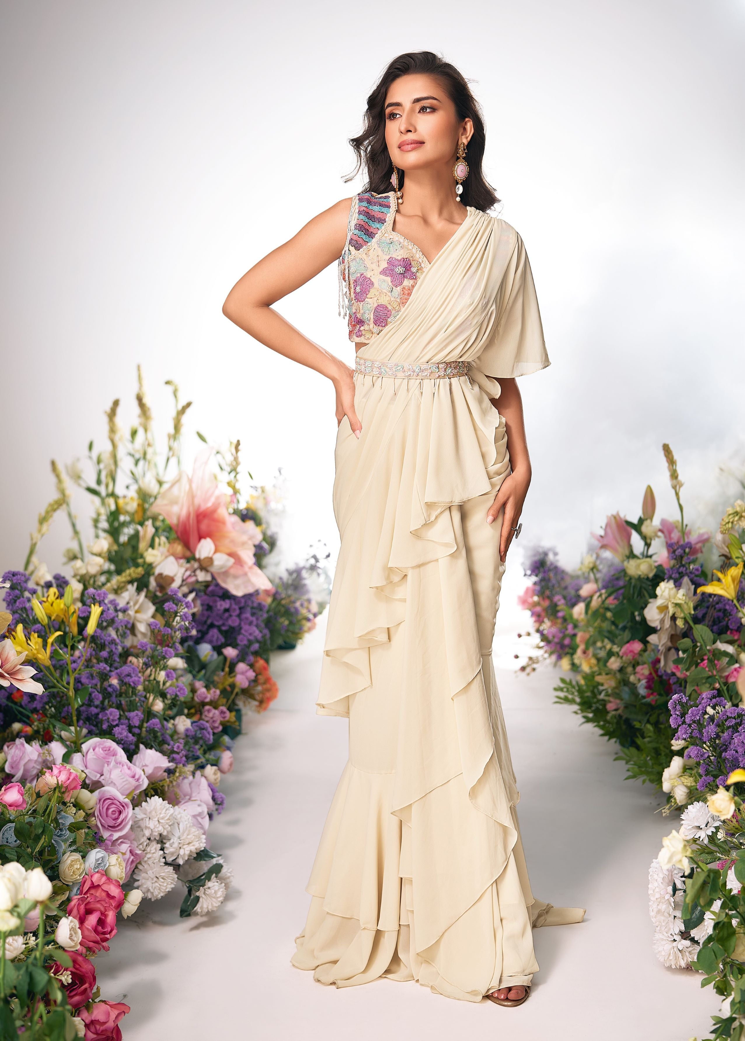 Champagne Floral Embroidered Swiss Georgette Silk Drape Saree