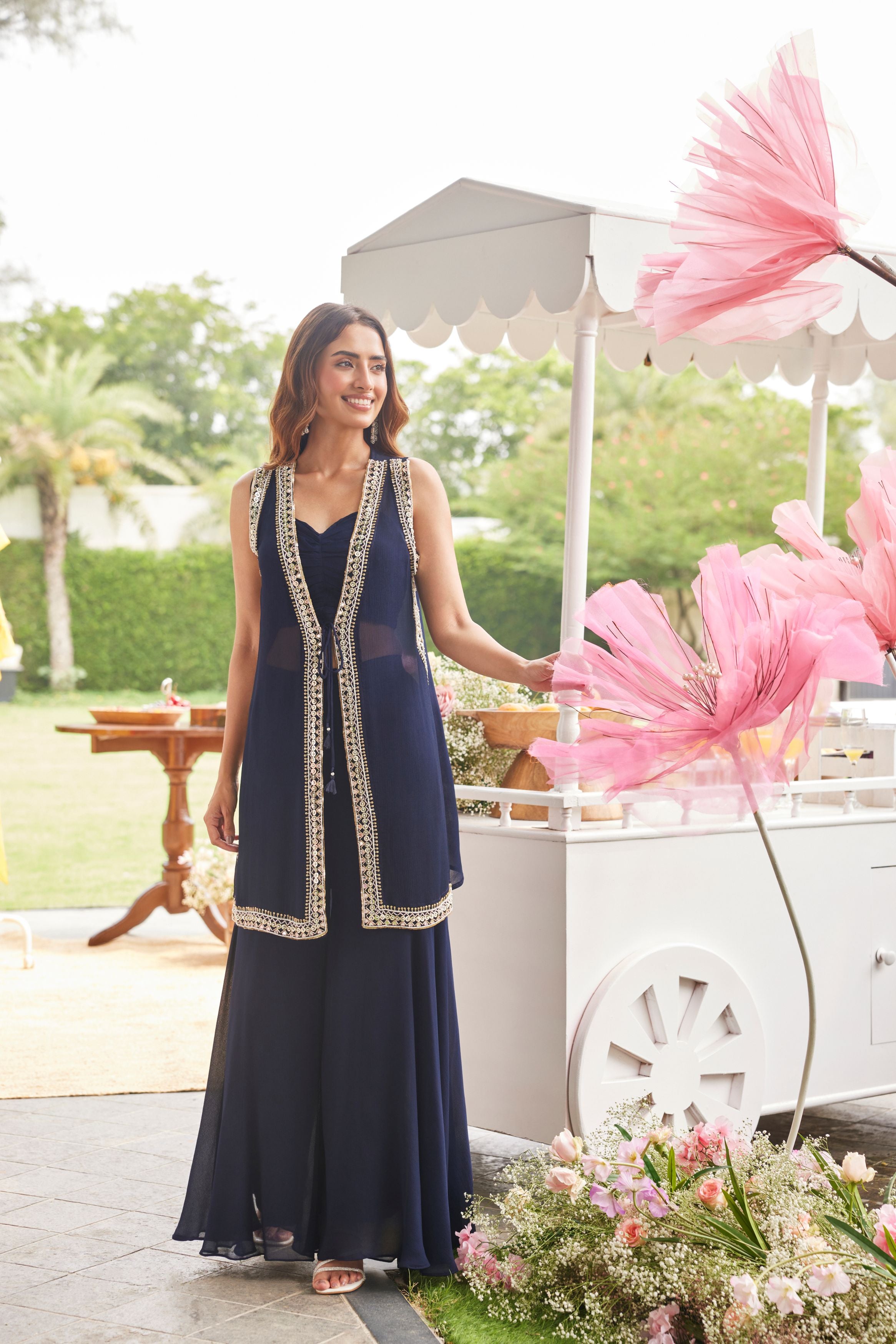 Indigo Blue Embellished Chinon Silk Palazzo Set