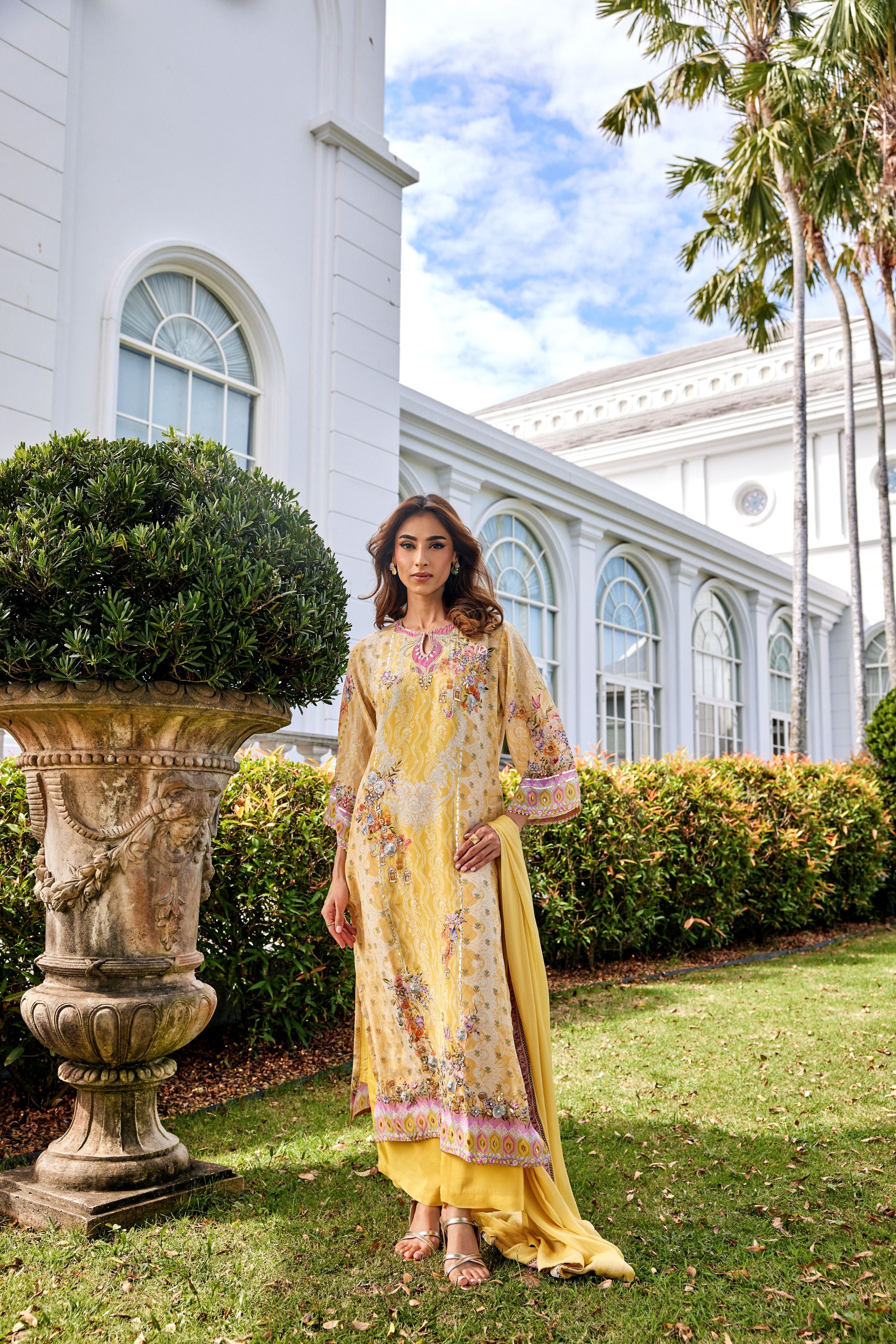 Daffodil Yellow Embellished Chinon Silk Pant Set