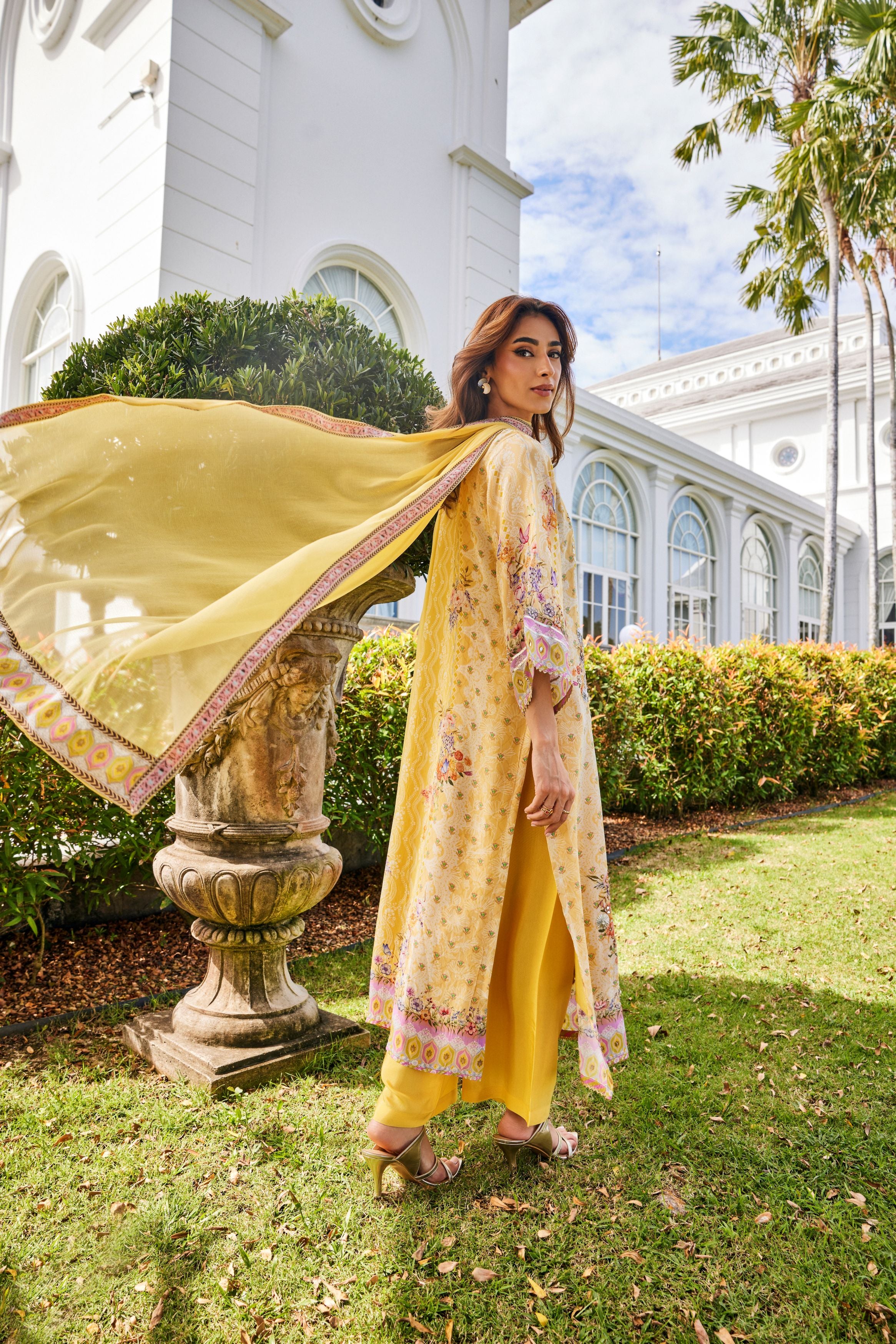 Daffodil Yellow Embellished Chinon Silk Pant Set