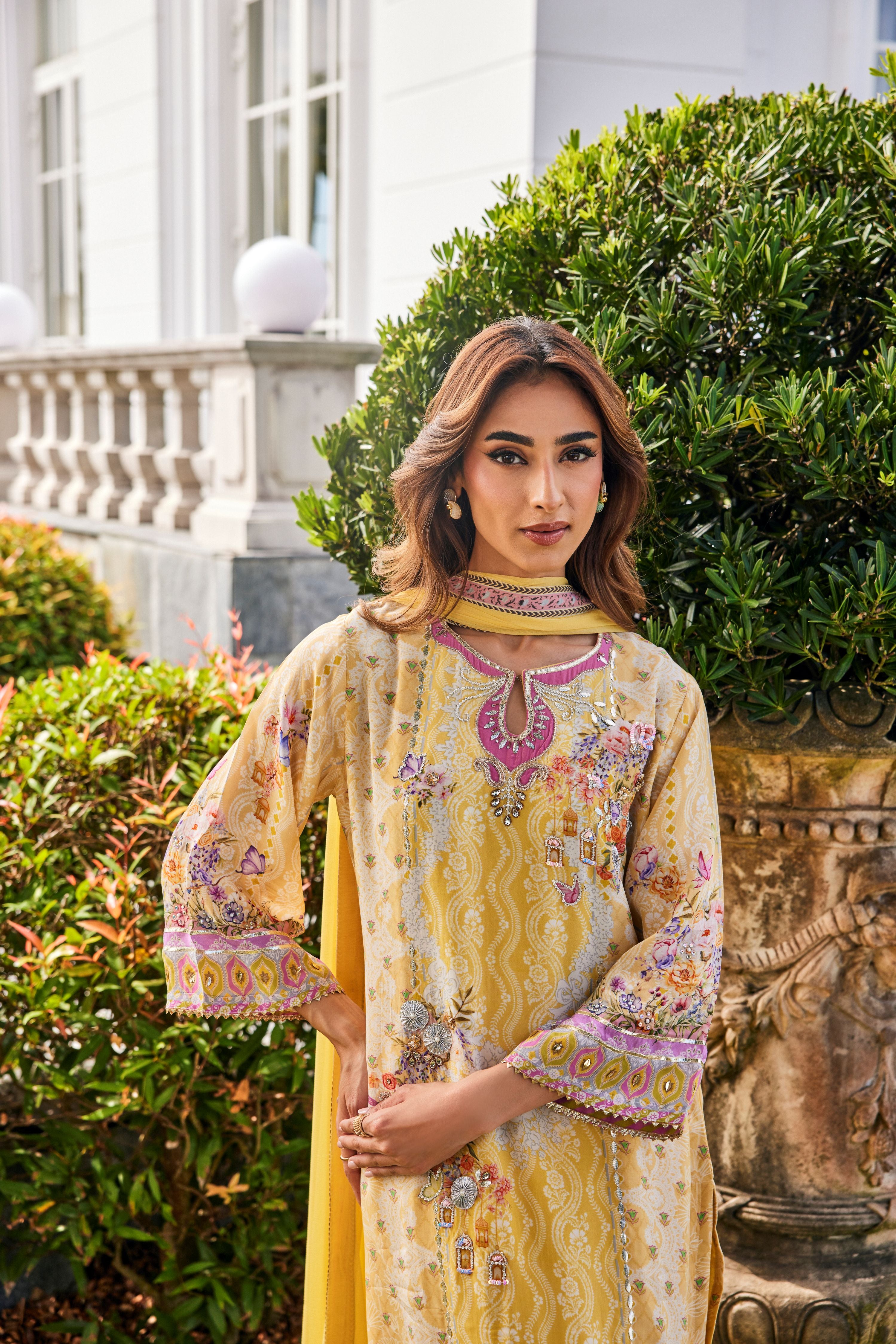 Daffodil Yellow Embellished Chinon Silk Pant Set