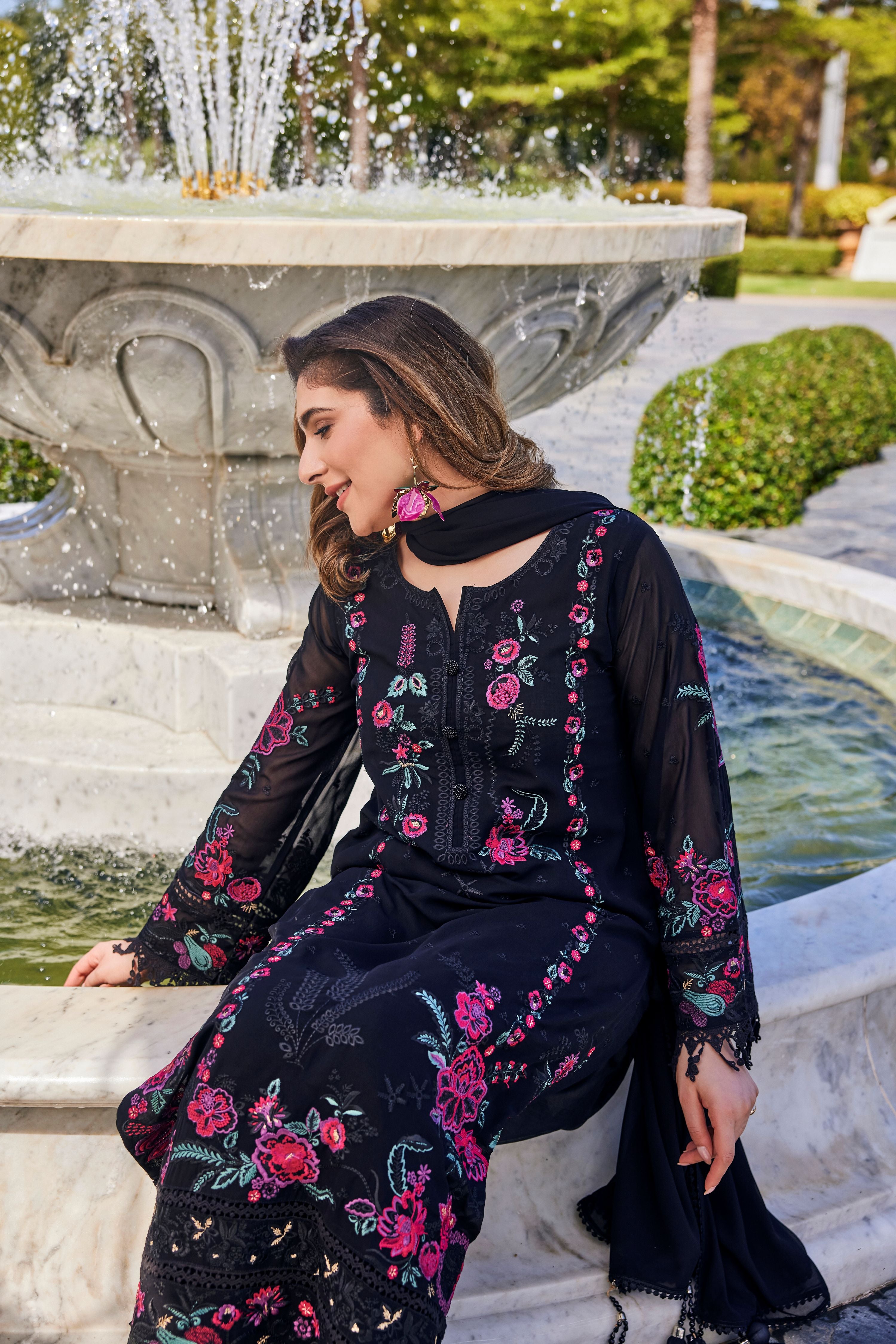 Black Embroidered Georgette Silk Palazzo Set