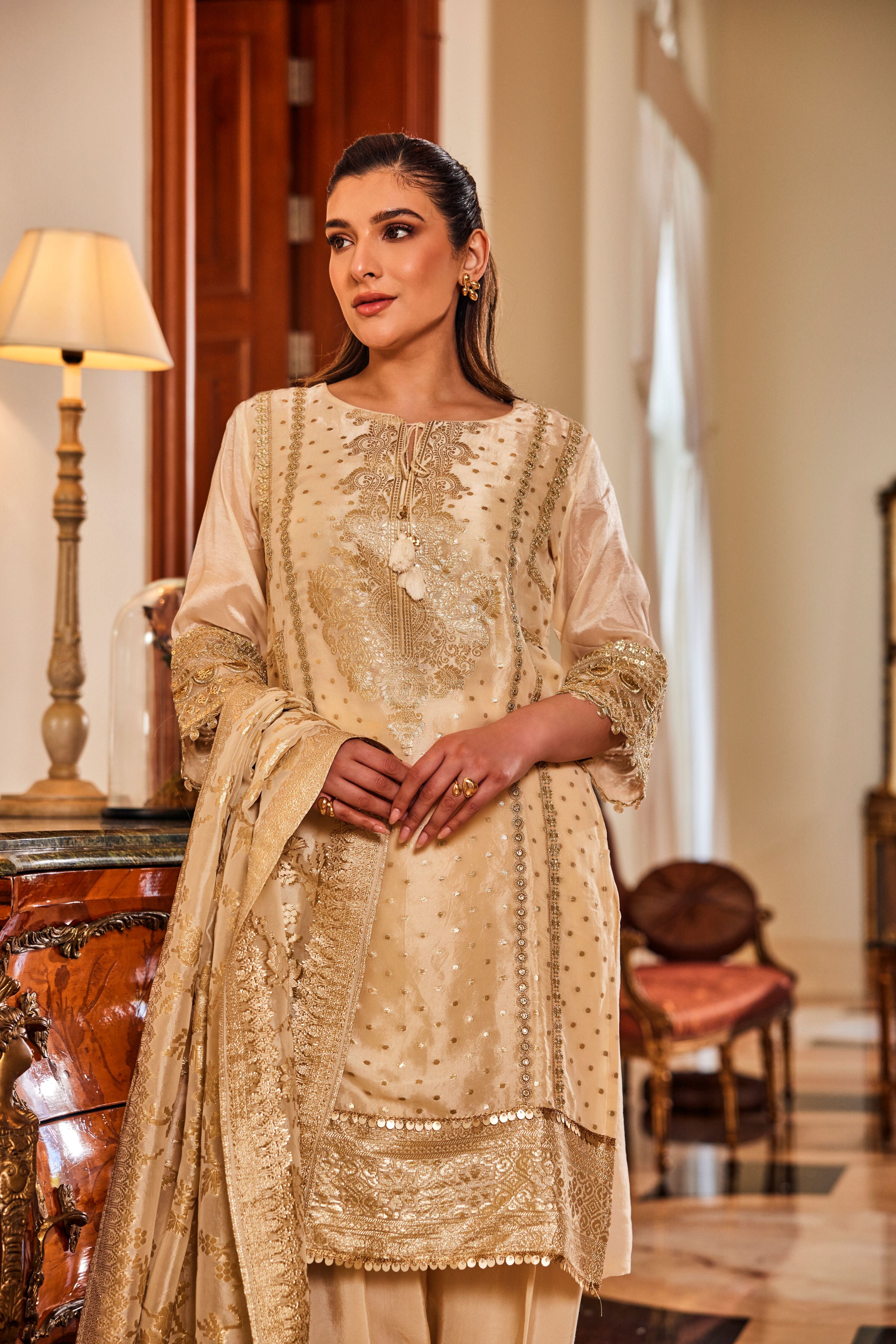 Ivory Regal Embellished Soft Organza Pant Set