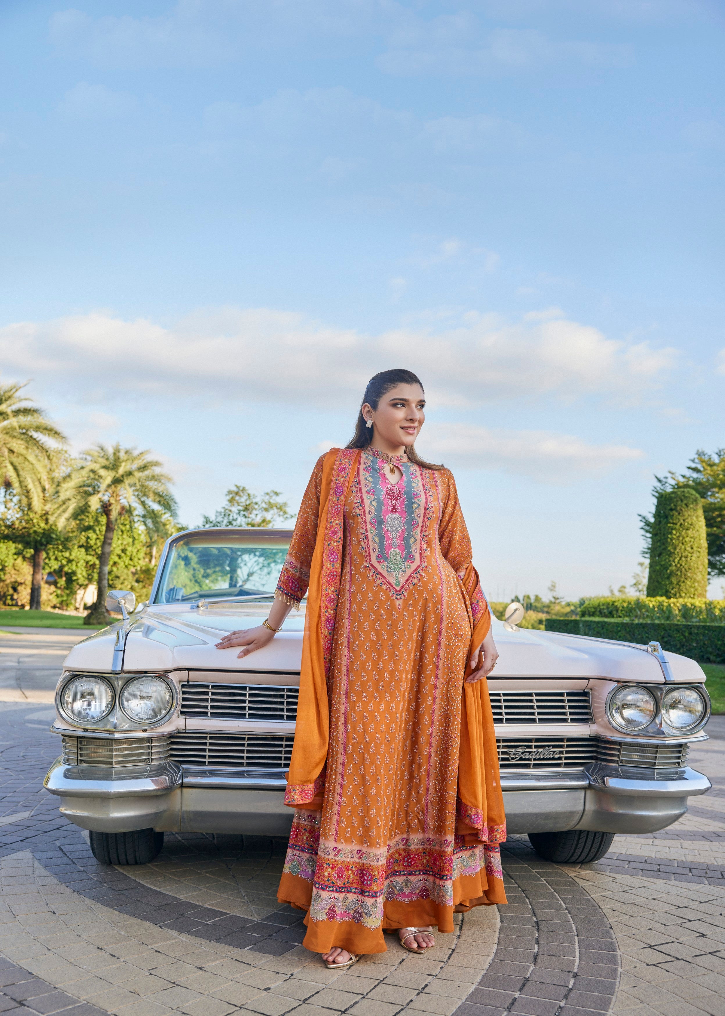 Rust Orange Embellished Muslin Silk Anarkali Set