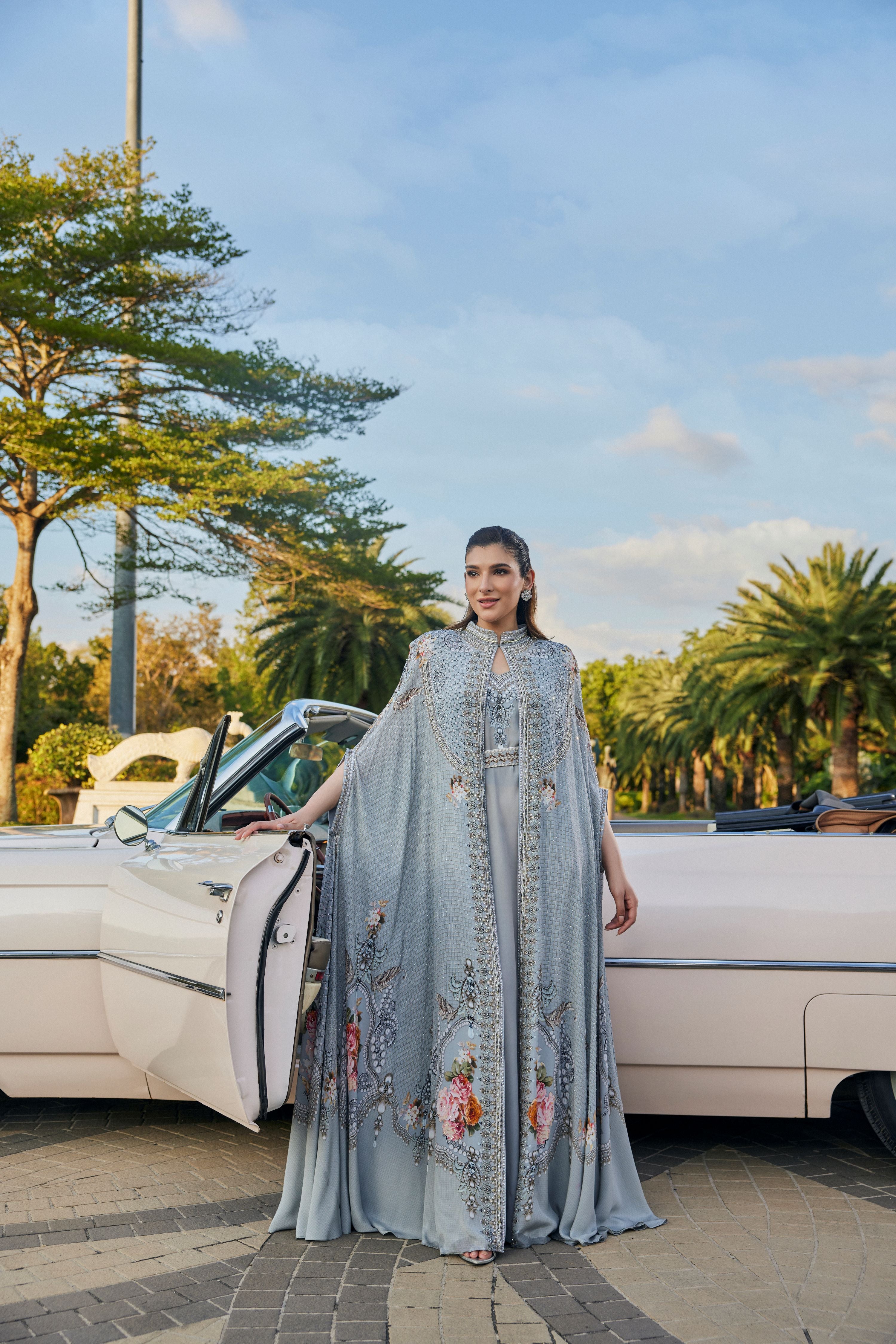 Silver Grey Embellished Crepe Silk Cape Set