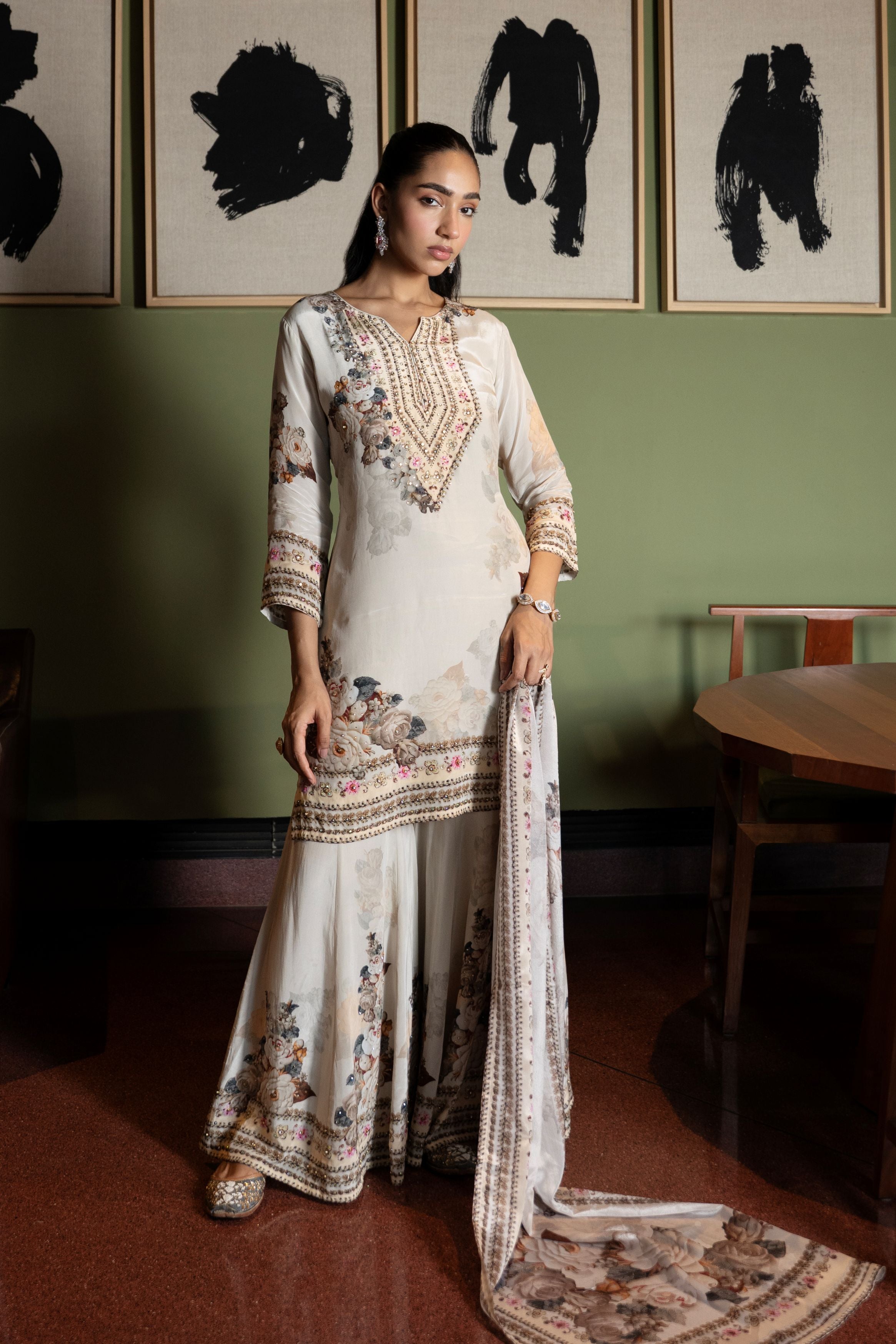 Ivory White Embellished Crepe Silk Sharara Set
