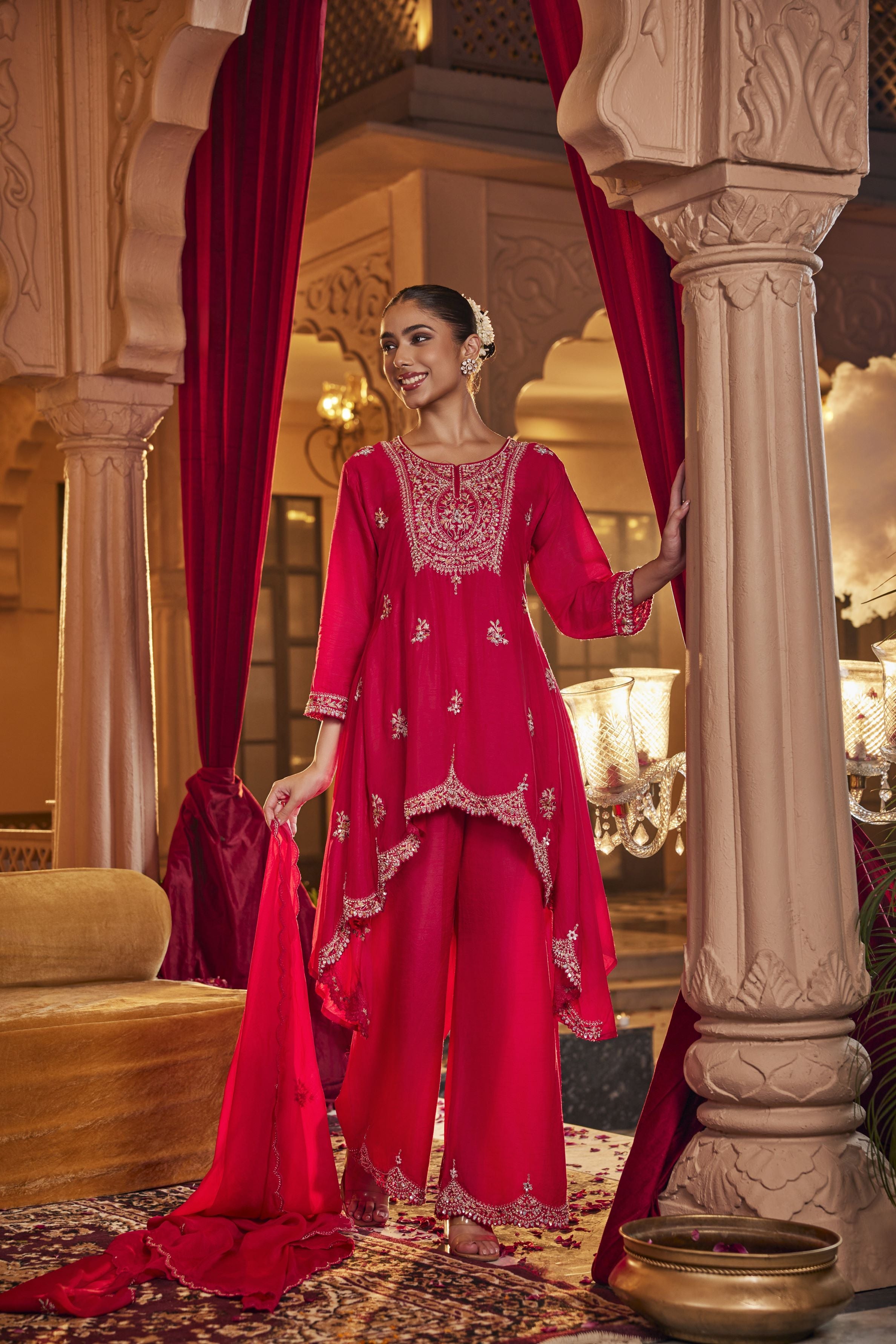 Rani Pink Embroidered Raw Silk Palazzo Set