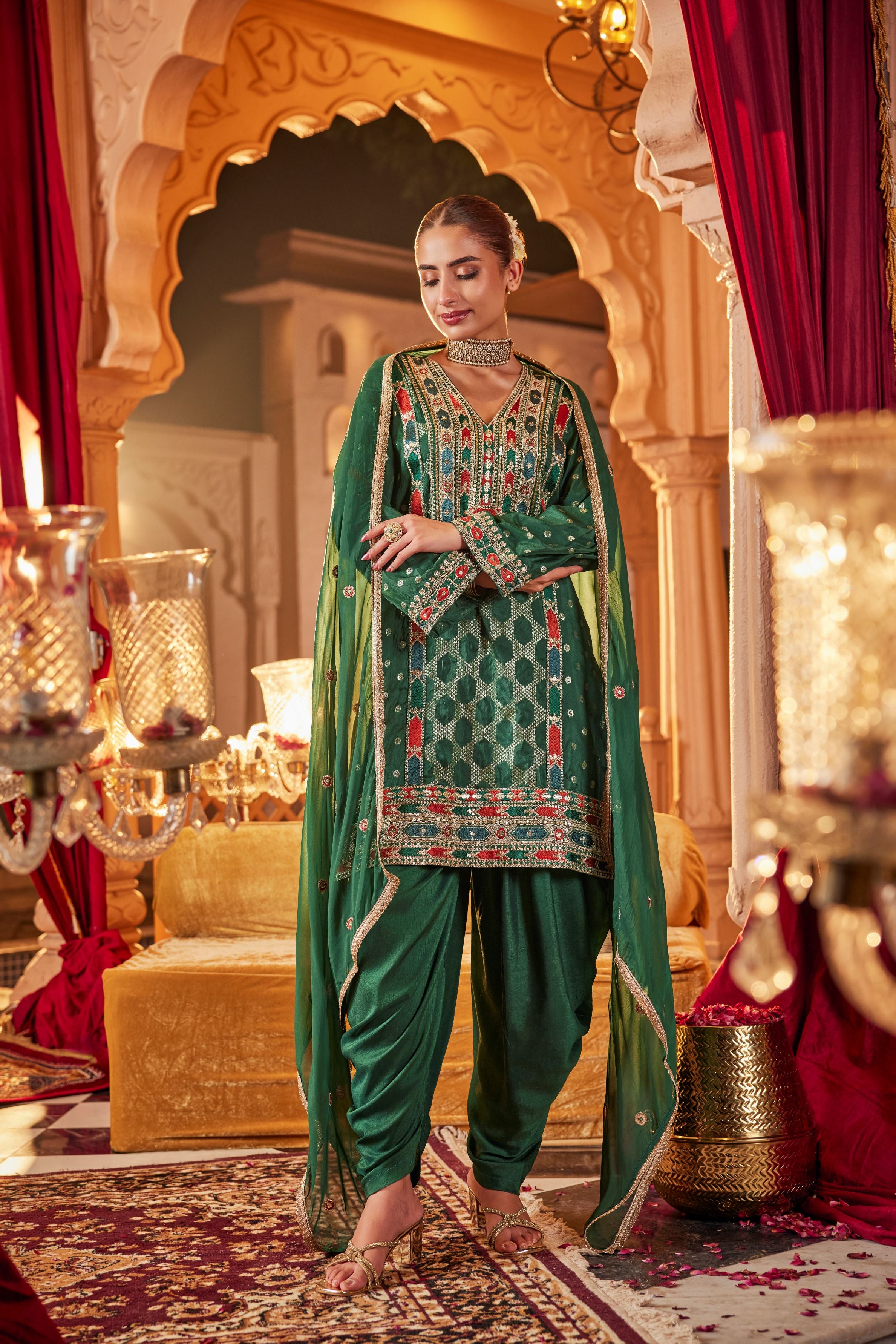 Green Embroidered Organza Silk Dhoti Salwar Set