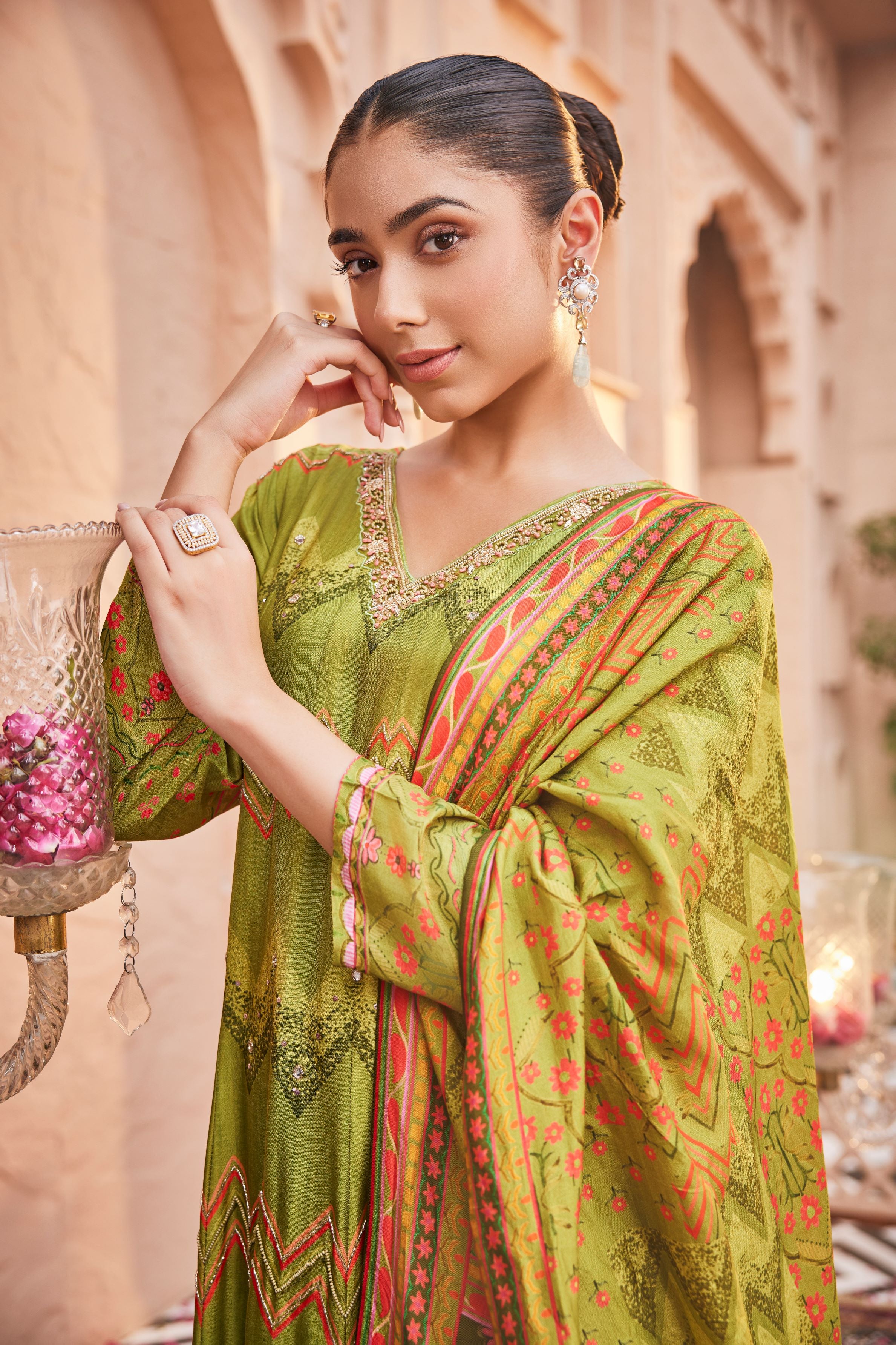 Green Digital Printed Spanish Silk Anarkali Set