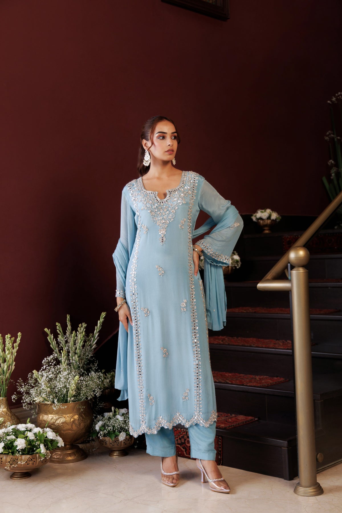 Sky Blue Embellished Chinon Silk Pant Set